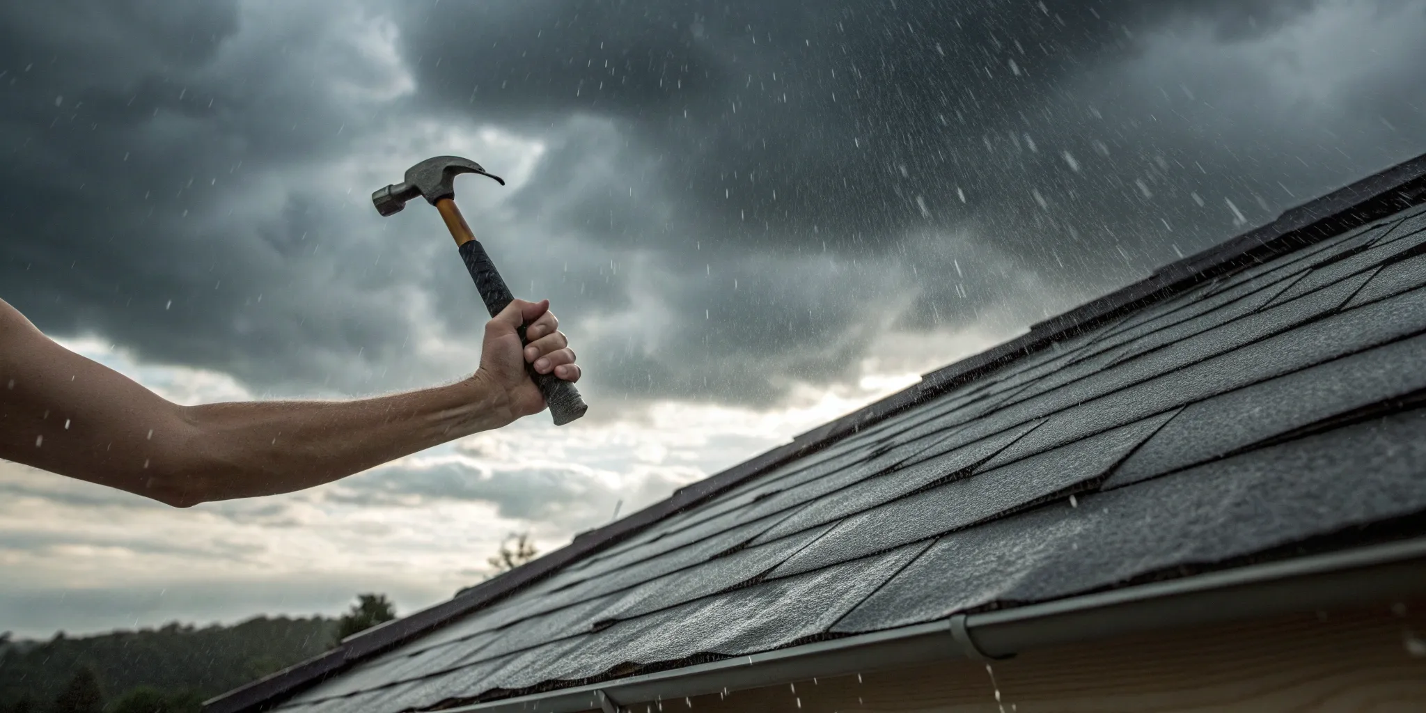 A 24 hour emergency roof repair taking place on wet shingles under dark storm clouds.
