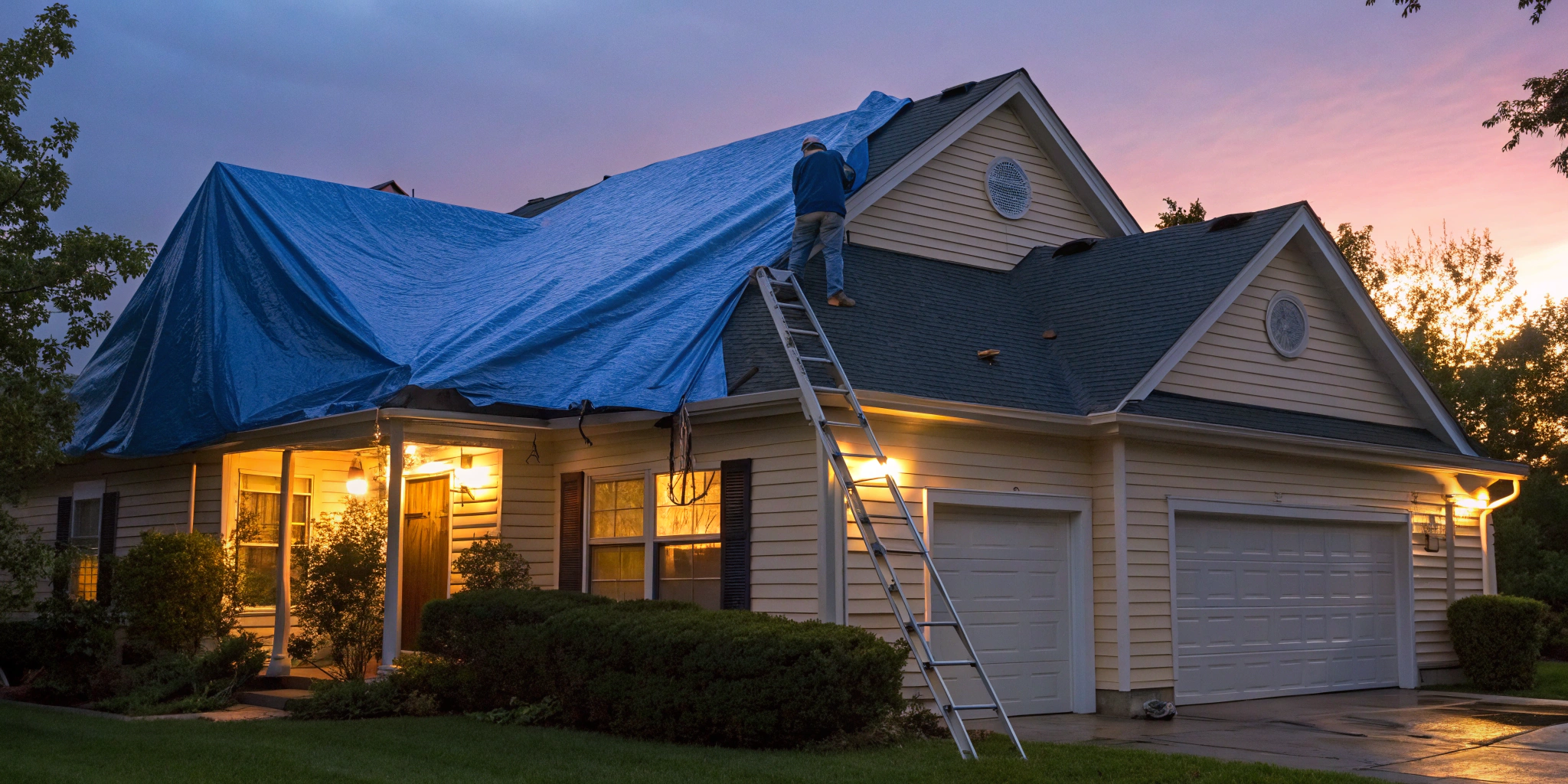 24-hour roof tarping in progress on a house after storm damage.