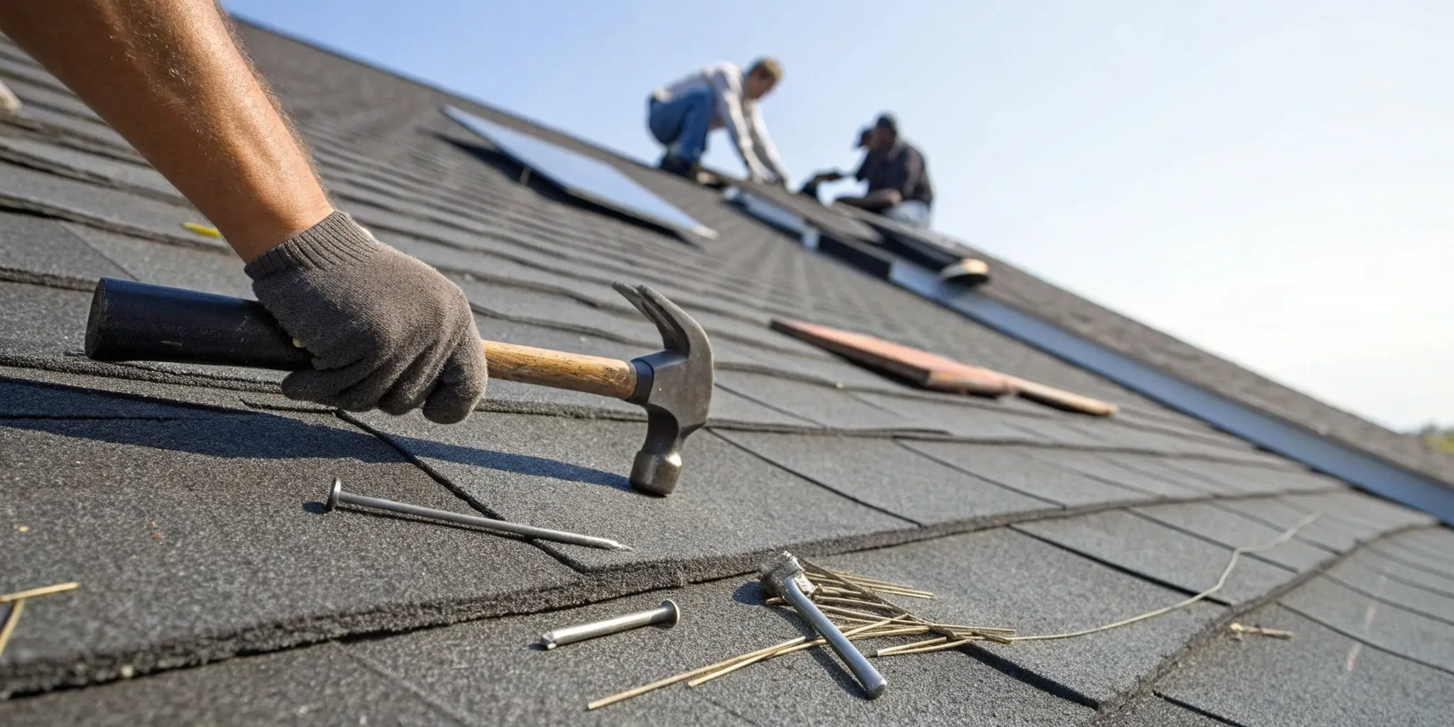A quick fix for a roof leak being hammered into a damaged shingle.
