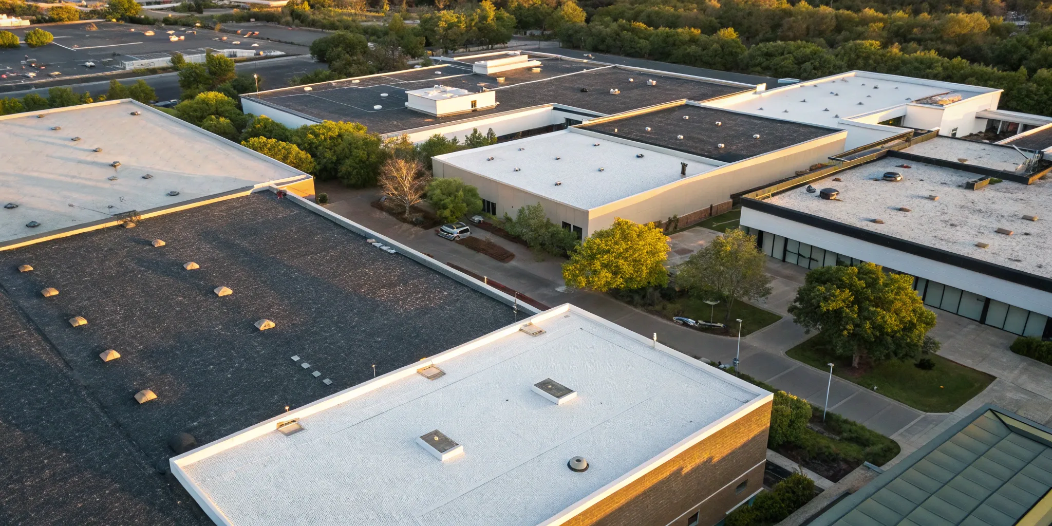 Aerial view of commercial buildings with different types of flat roofs.