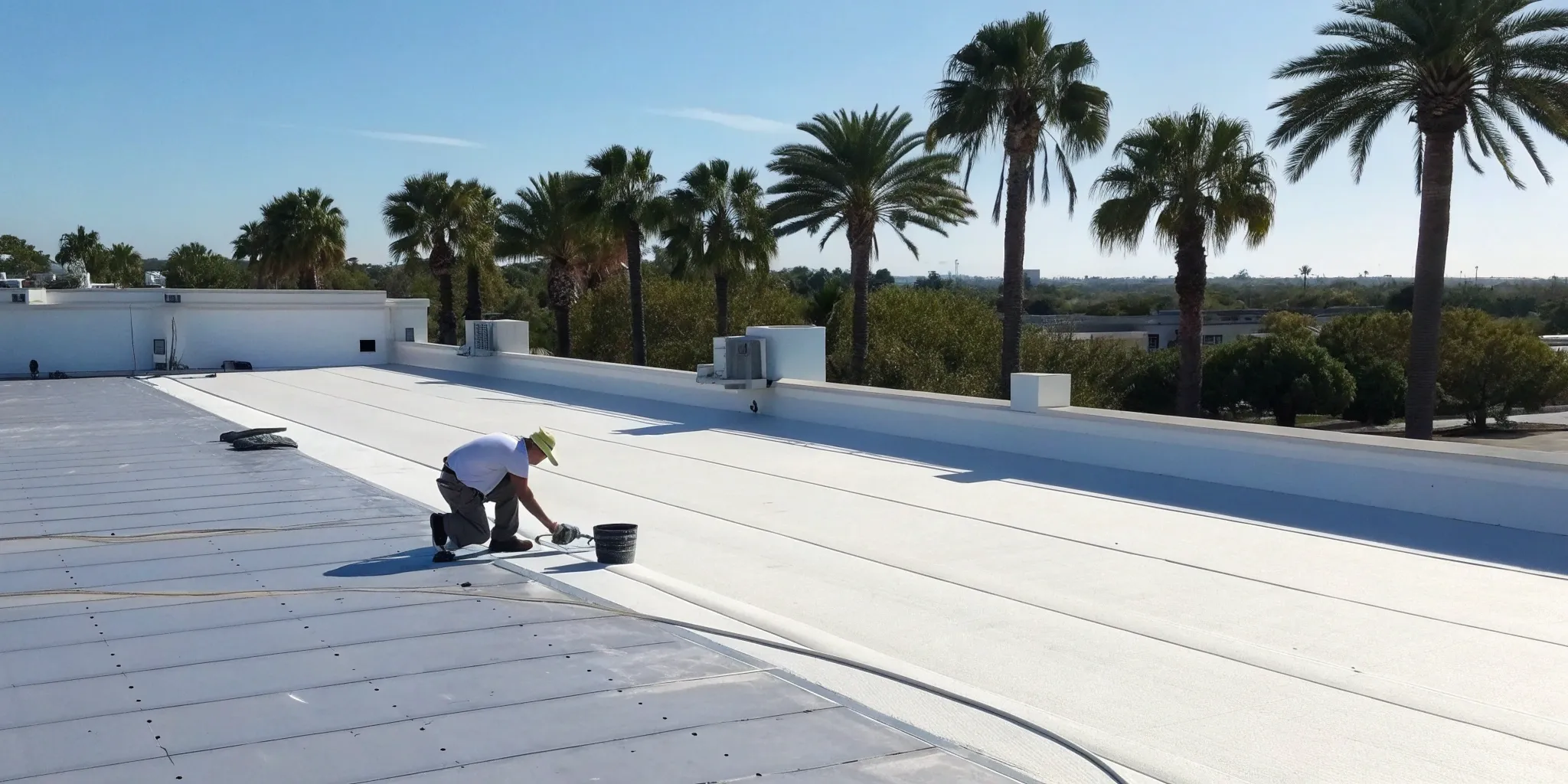 Worker applying one of the best flat roof repair materials on a Florida roof.