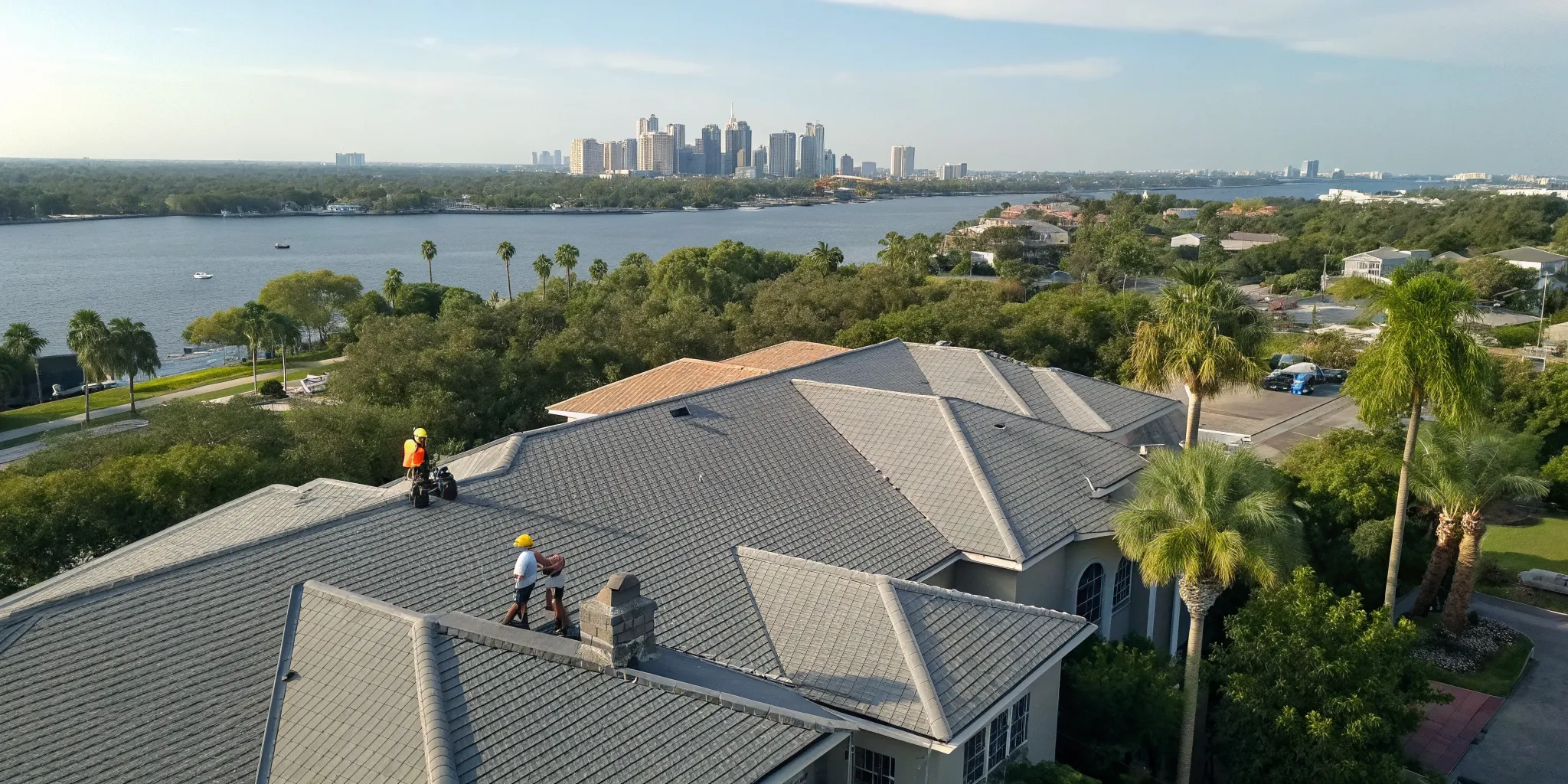 A team from one of the best roofing companies in Tampa installing a new roof.