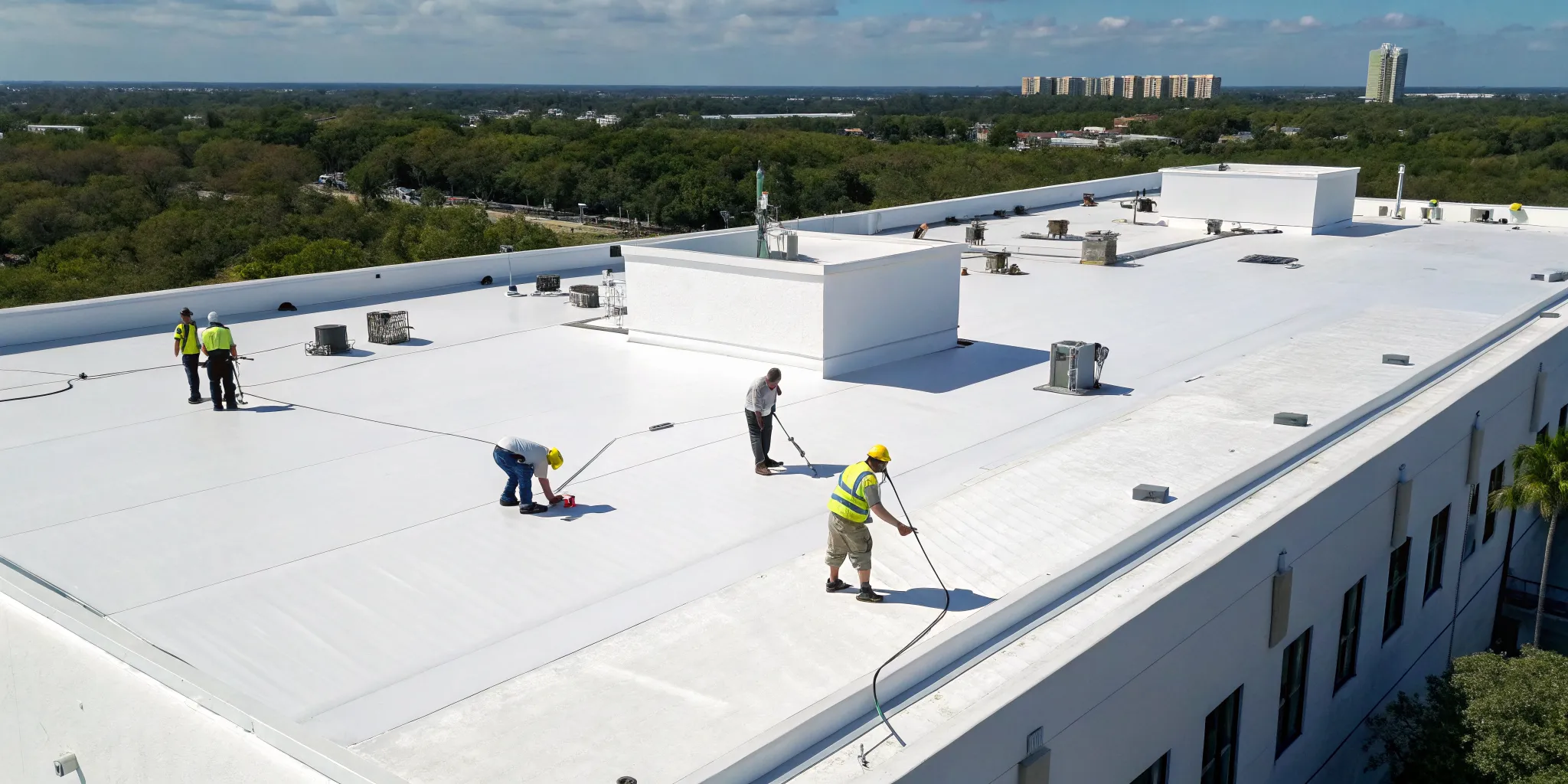 Workers repair a commercial flat roof on a building in Orlando.