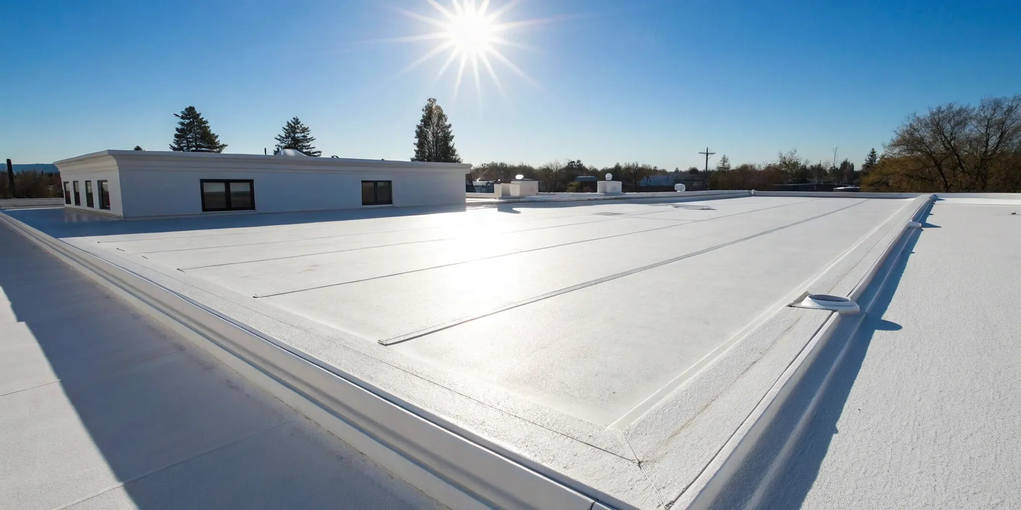 A white TPO roofing system from a top manufacturer on a flat commercial roof.