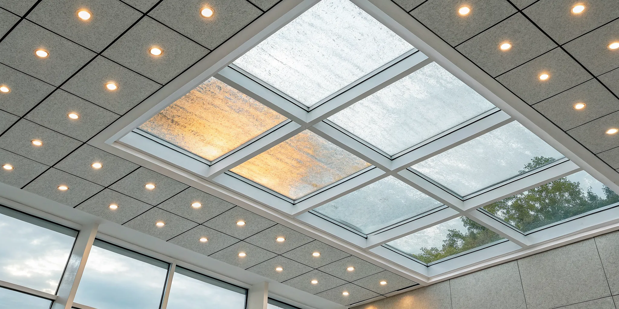 Water stains on a ceiling, a sign of water damage from a roof leak.