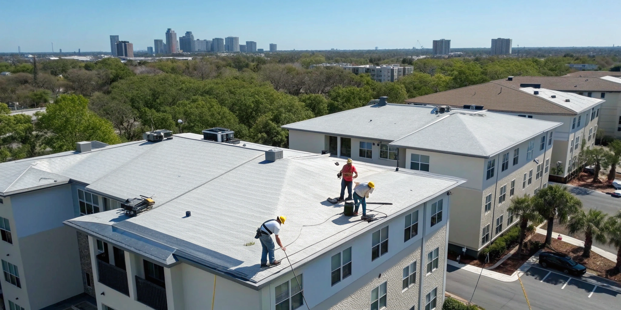 An Orlando apartment roofing company crew working on a multifamily building roof.