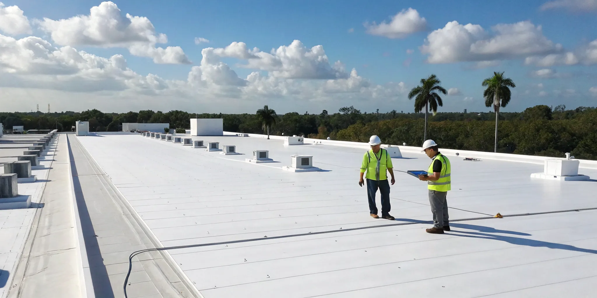 Commercial roof maintenance in Poinciana with professionals inspecting a flat roof.