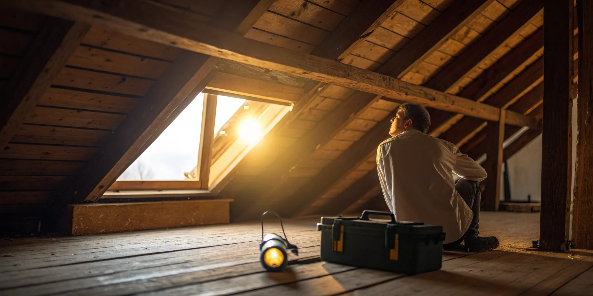 Man inside an attic preparing for a roof repair, inspecting a leak where sunlight shines through.