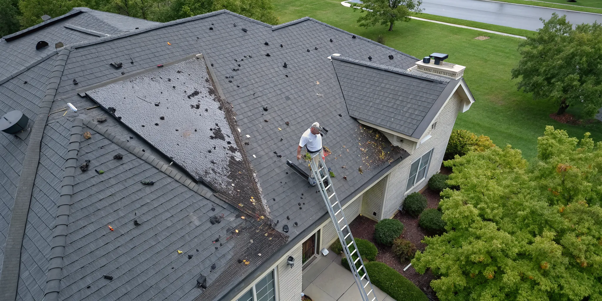 Homeowner inspecting a roof for storm damage like missing shingles and scattered debris.