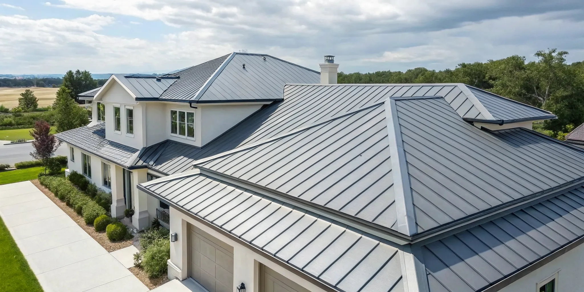 A modern home with a new metal roof, a top-rated choice for the best residential roof replacement by Consumer Reports.