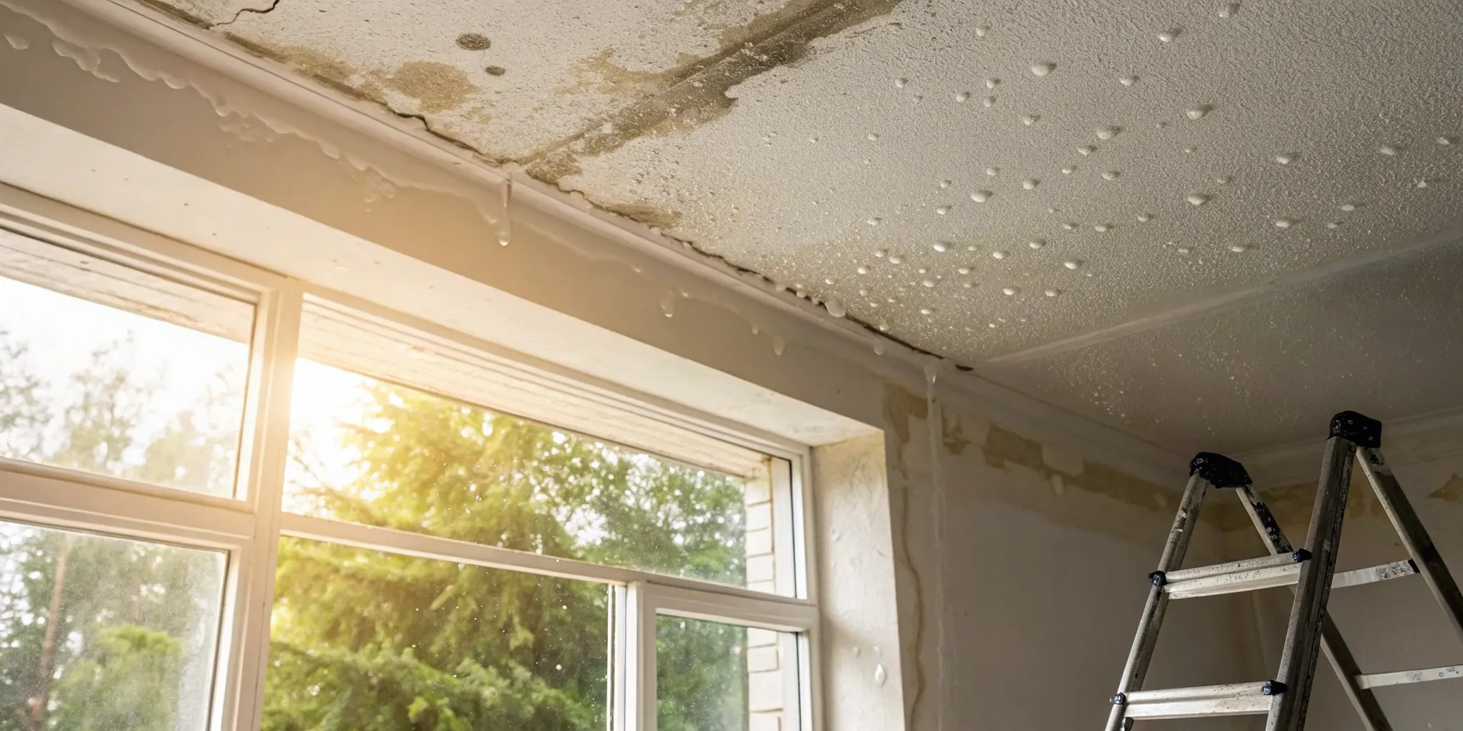 Ceiling damage with water stains and bulging after a roof replacement.