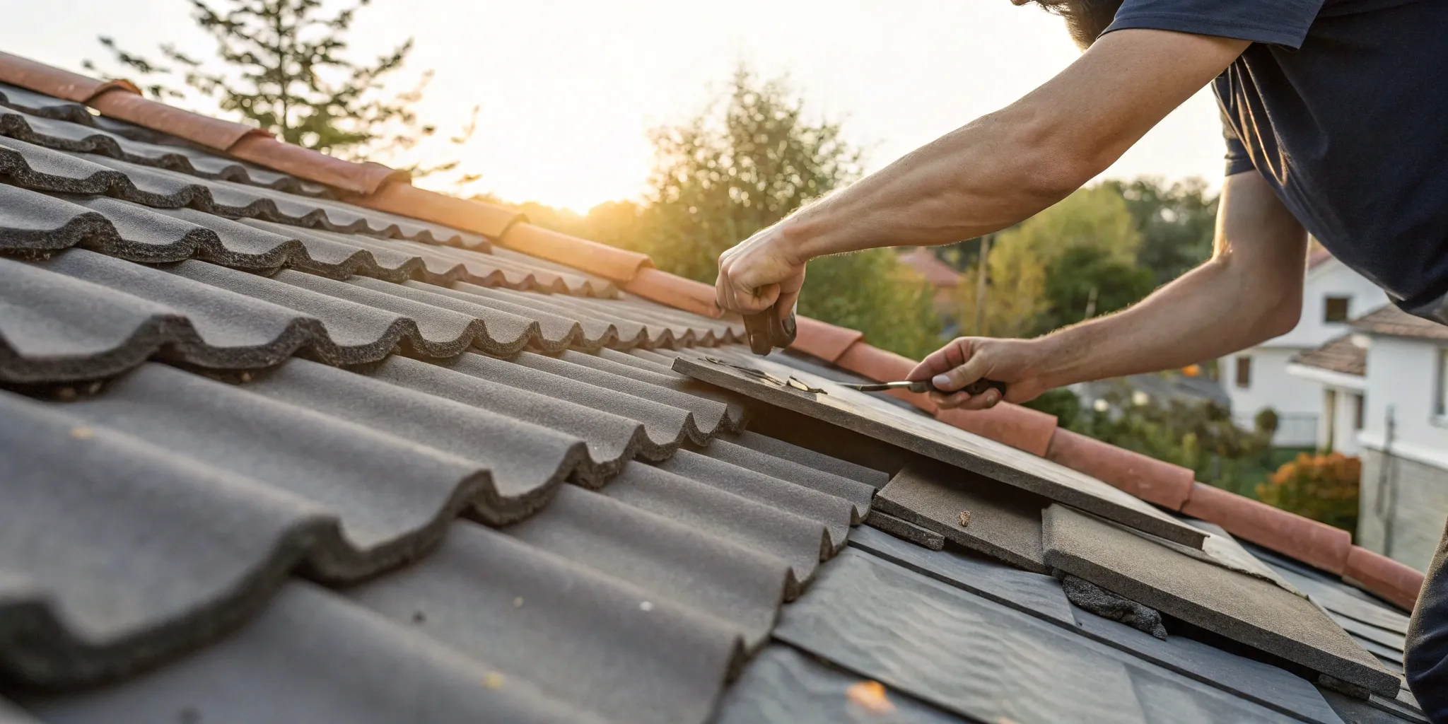 A roofer installing new cement tiles during a roof replacement.