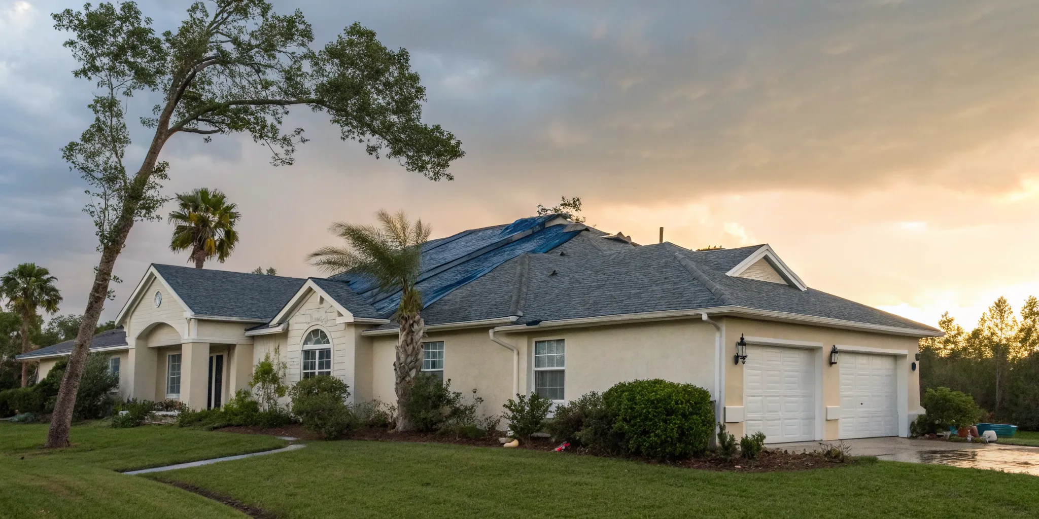 Storm damage on a Central Florida roof covered by a tarp, awaiting a roofing contractor.