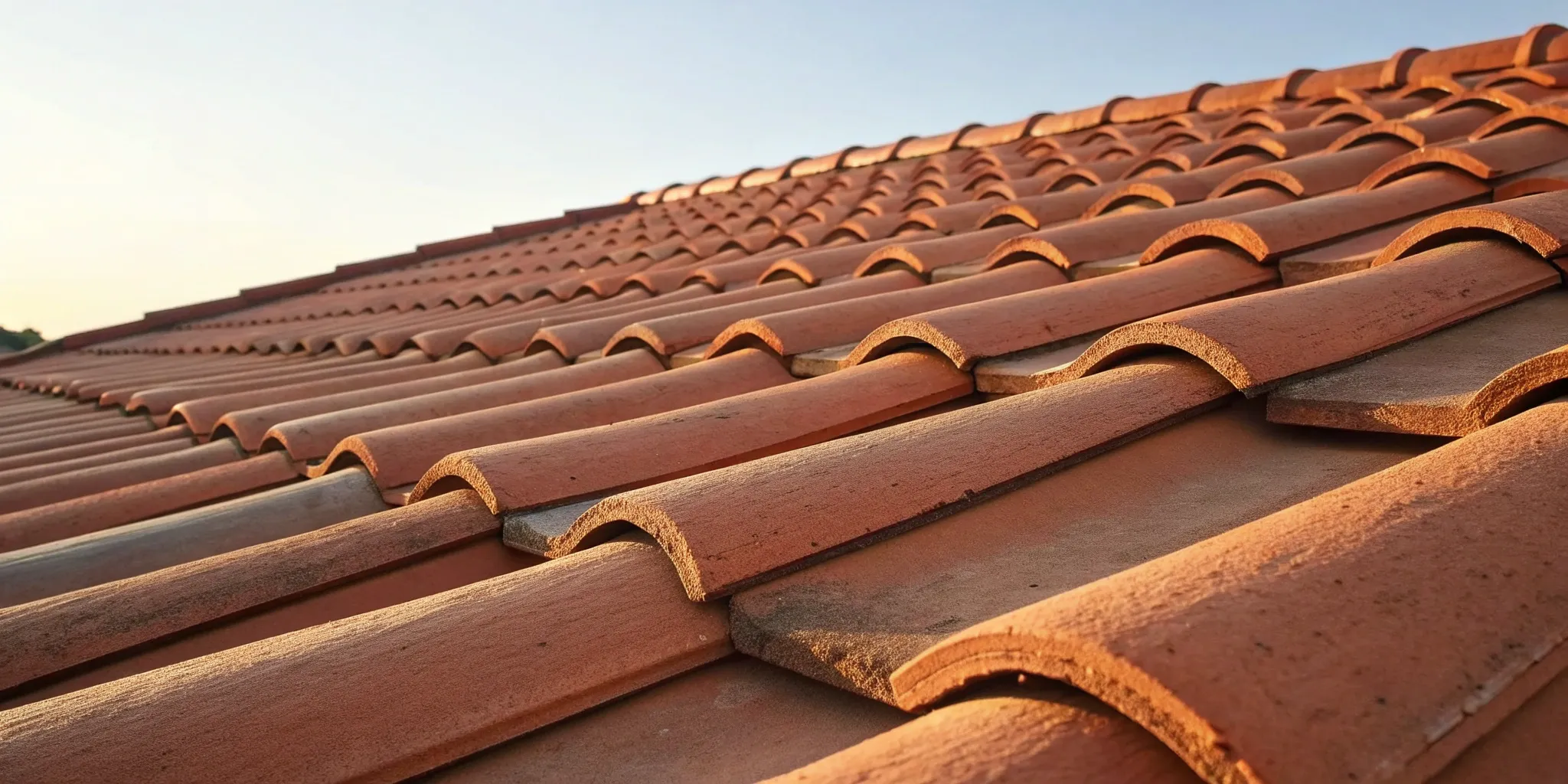 A close-up of curved clay roof tiles, a major factor in the total cost per square foot.
