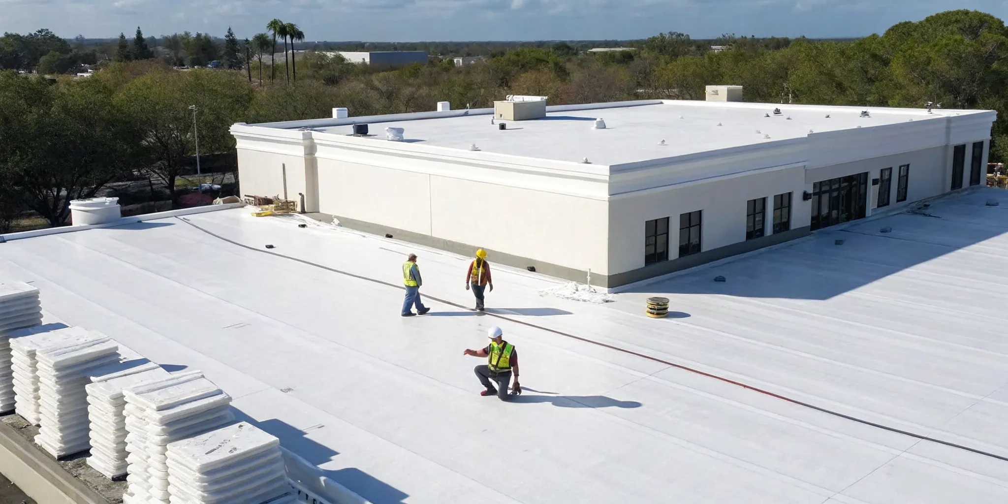 Roofing crew performing a commercial roof replacement on a building in Orlando, FL.