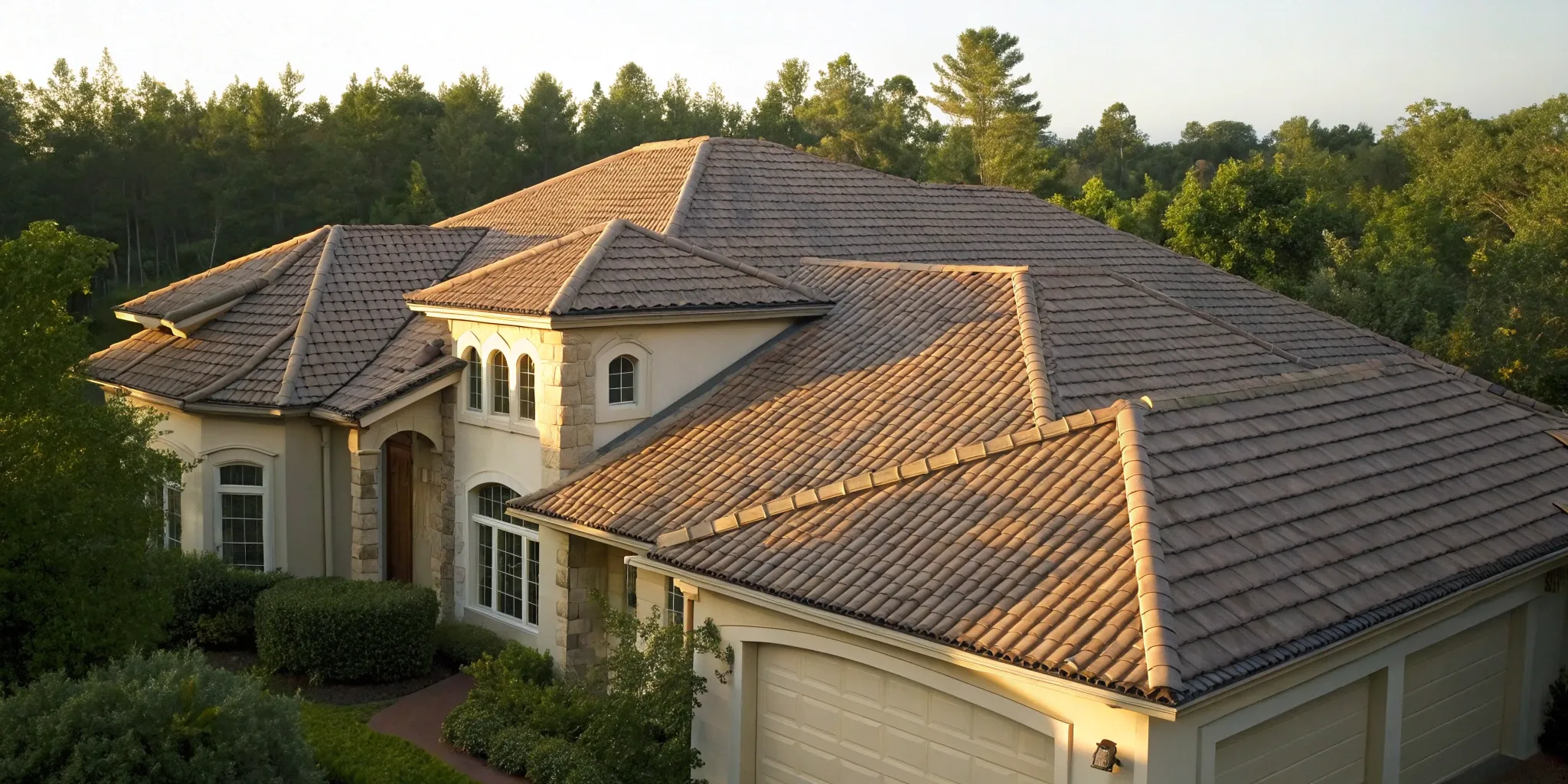A modern home with a clay tile roof, a key part of the cost comparison vs shingles.
