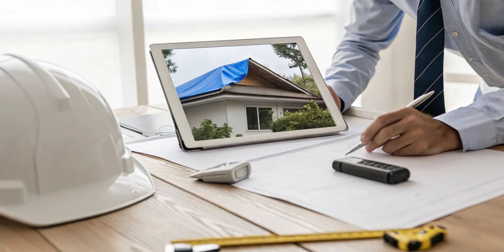 Contractor reviews photos of roof damage to appeal a denied insurance claim.