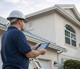 Inspector reviewing suburban home exterior
