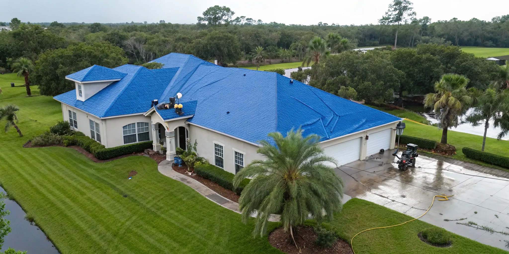 Emergency roof tarping on a storm-damaged home in Central Florida.