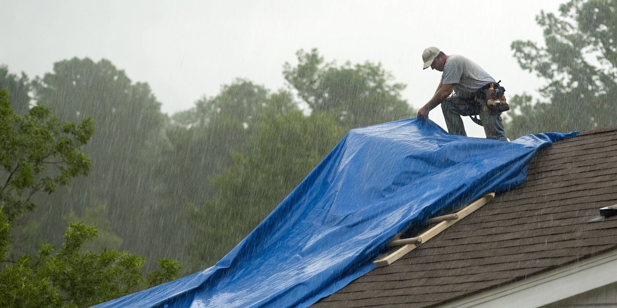 Professional providing an emergency roof tarping service on a damaged roof.