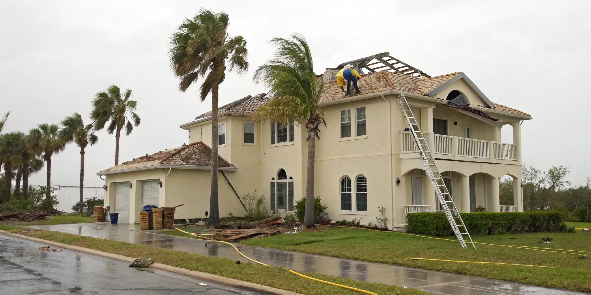 A roofer performs emergency storm damage repair on a roof in Daytona.