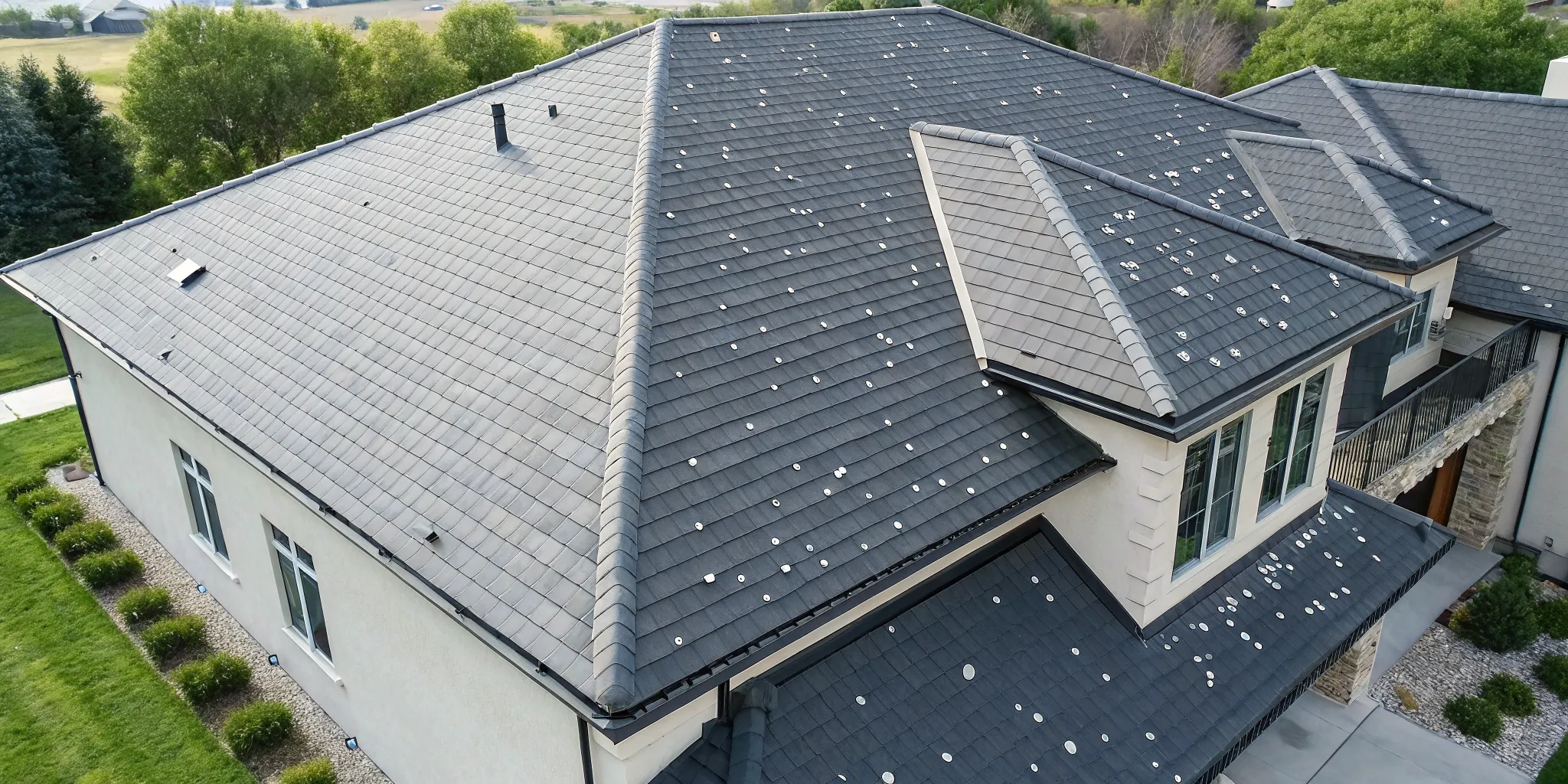 A roof with pockmarks from hail damage, affecting the cost to replace per square foot.