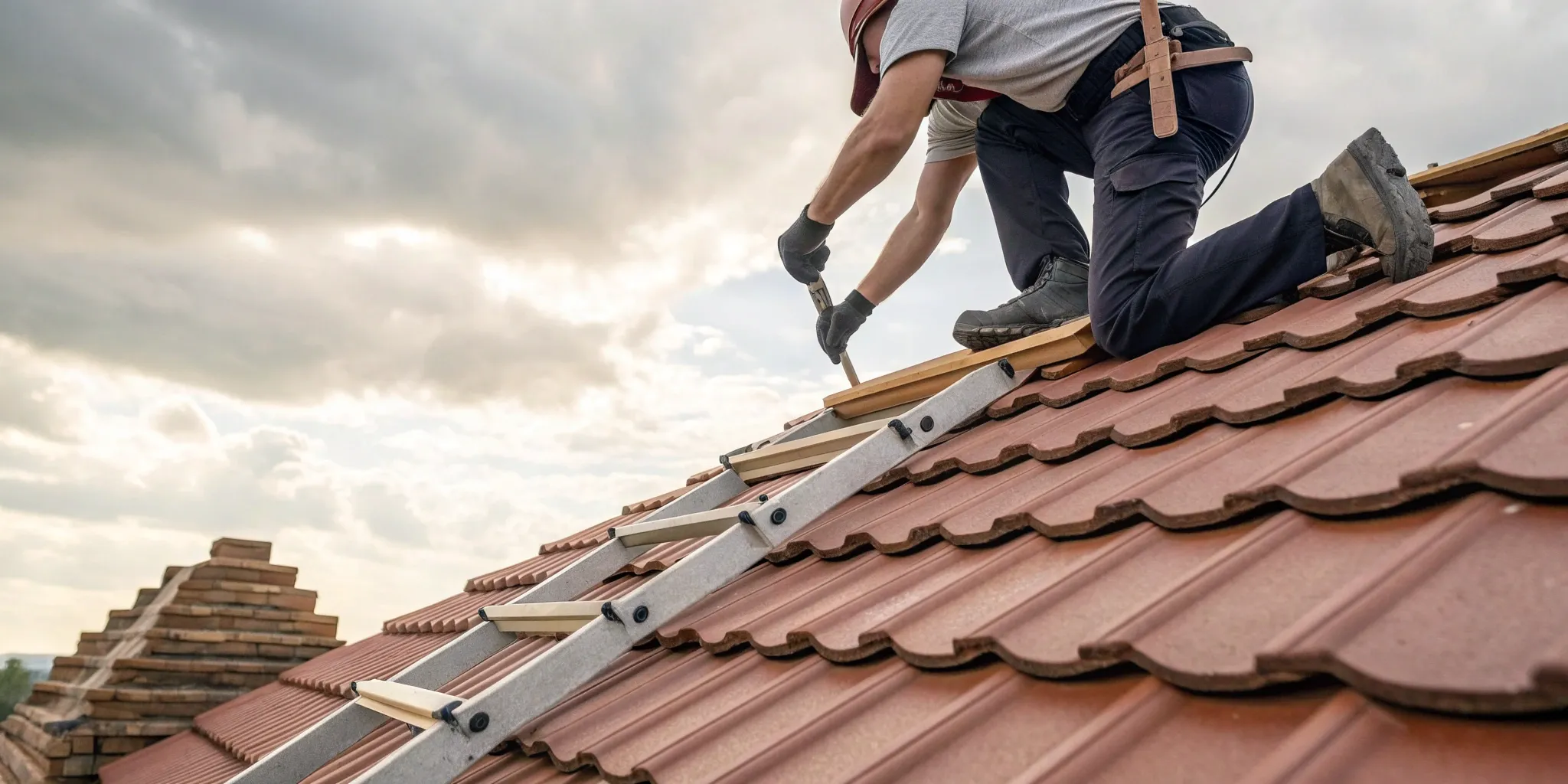 Roofers replacing roof tiles on a house.