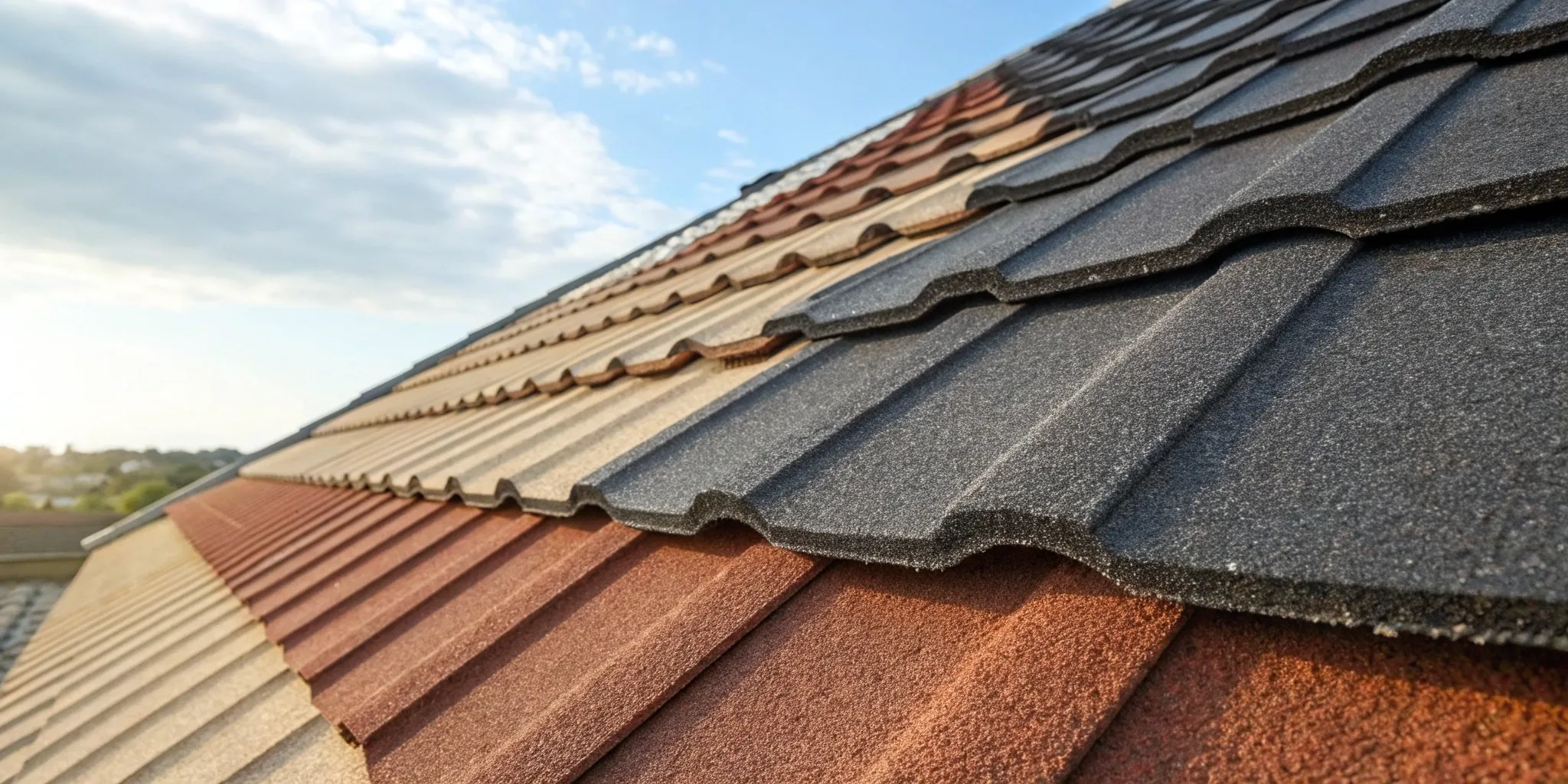 A bundle of shingles in front of stacks of different asphalt shingle styles and colors.