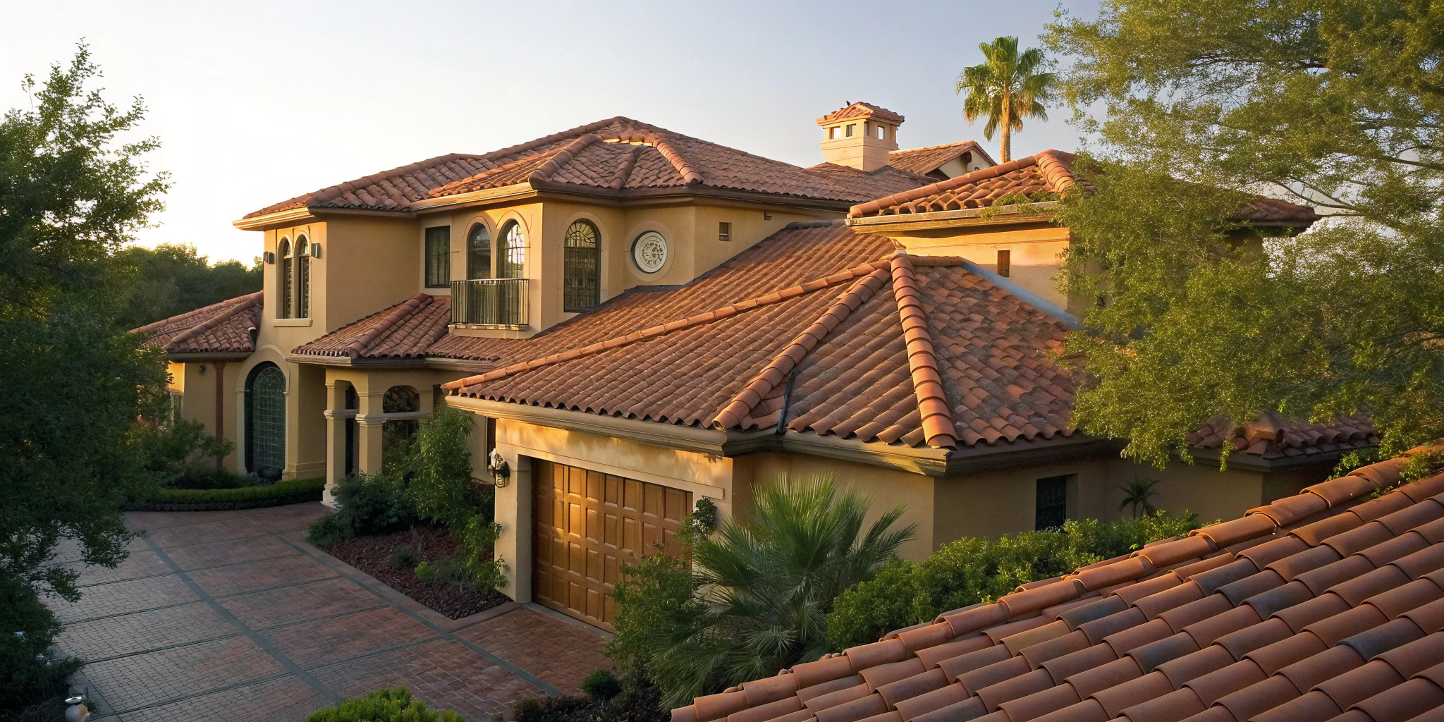 A residential home with a new clay tile roof, a key factor in its total cost.
