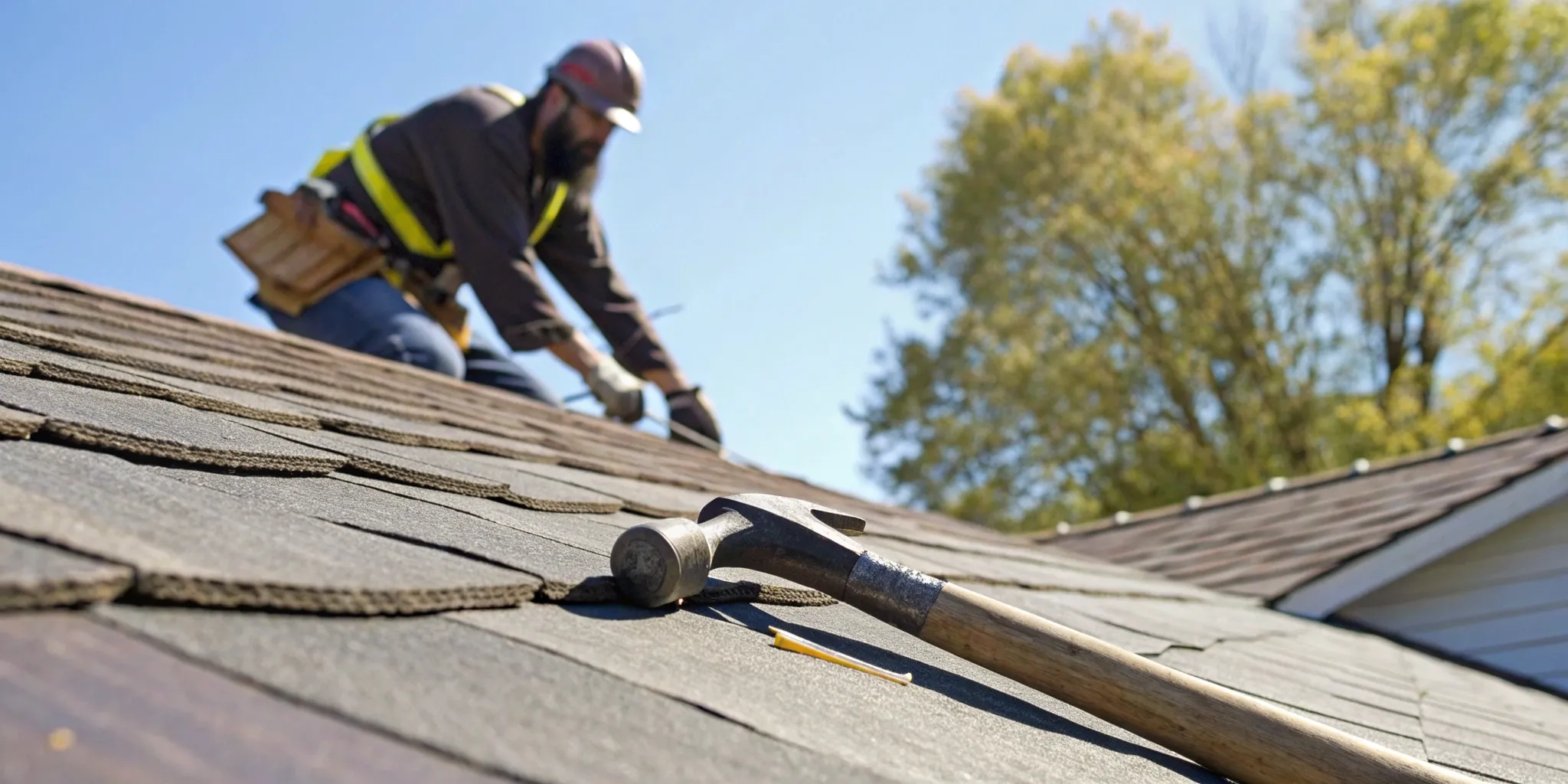 Roofer installing asphalt shingles, a factor in how much a roof costs to replace.