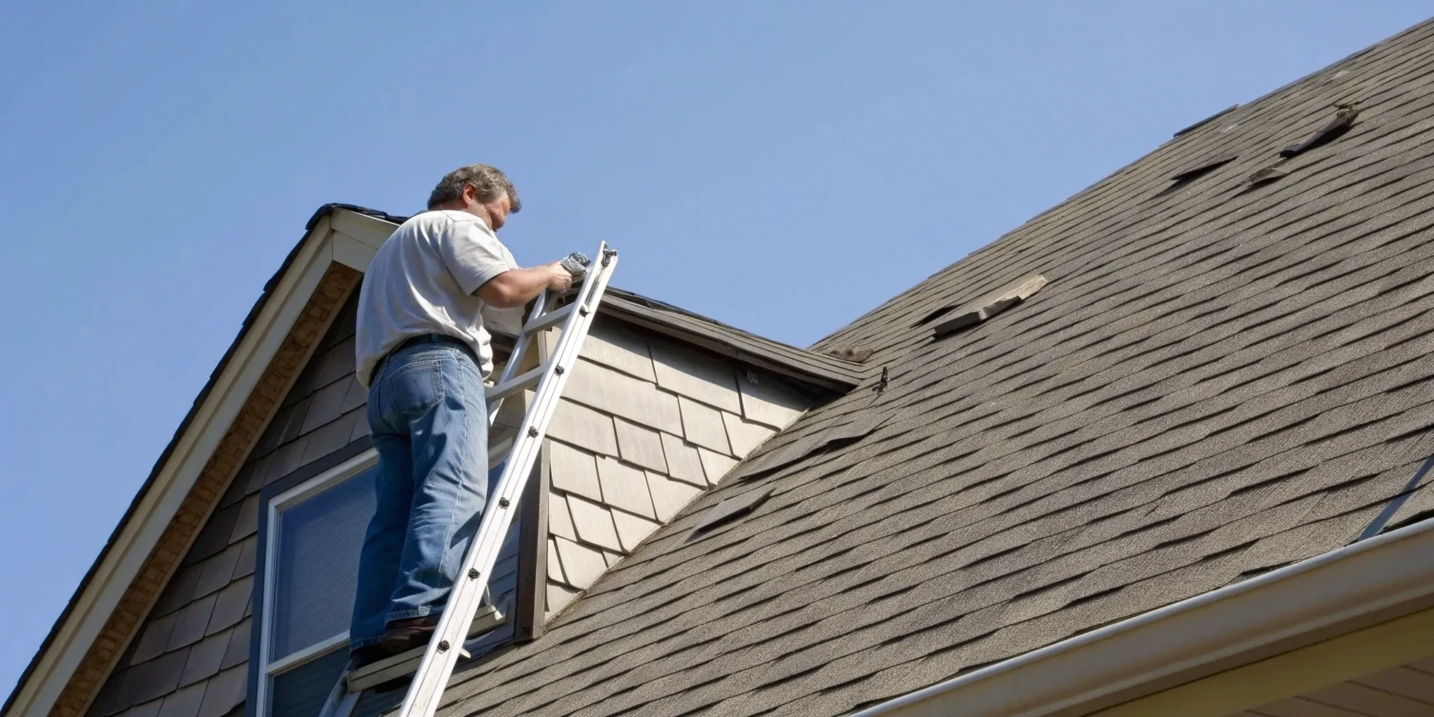 Homeowner on a ladder checking his roof for hail damage.