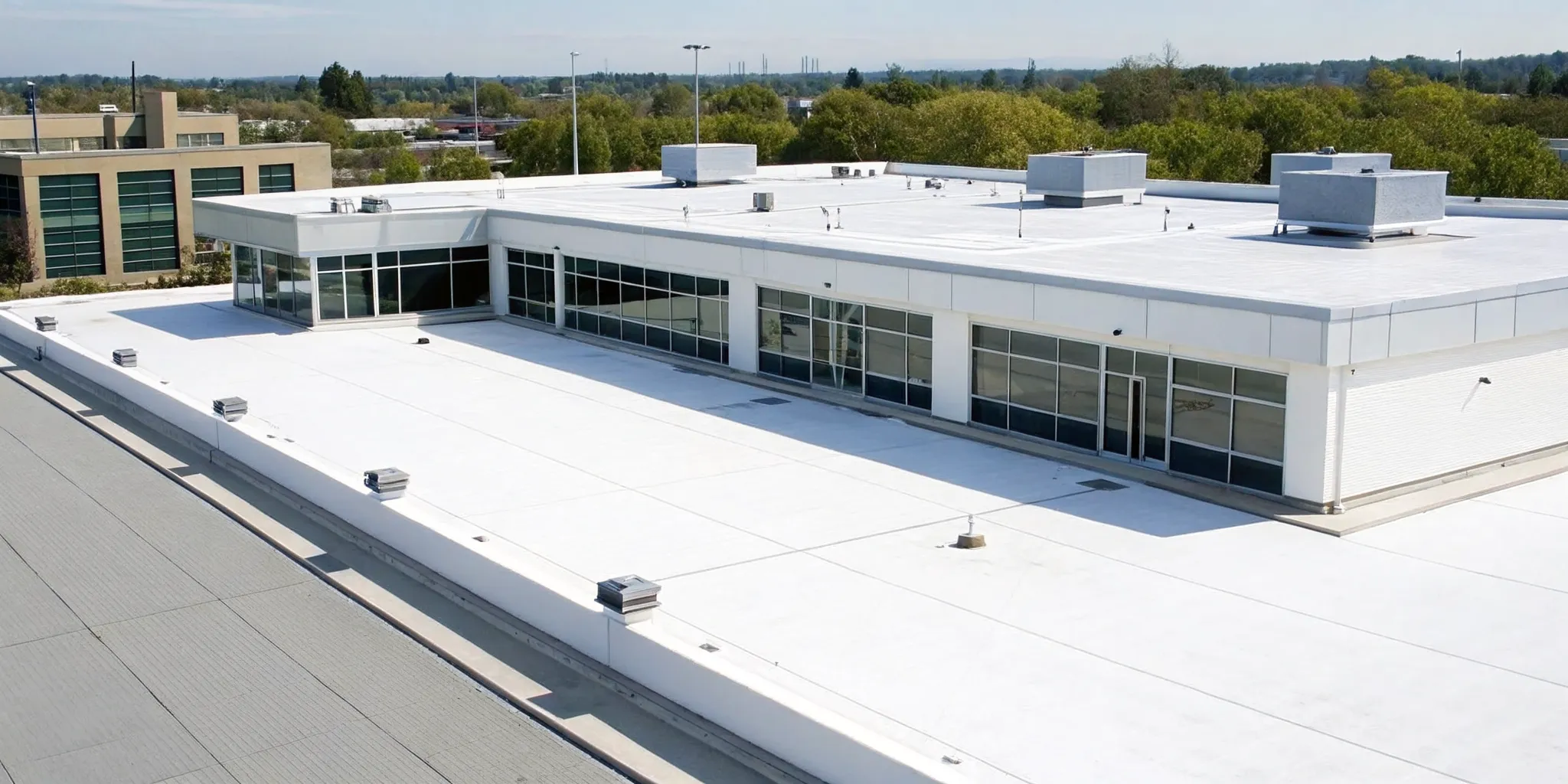 A commercial flat roof showing the results of a professional repair by the best company.