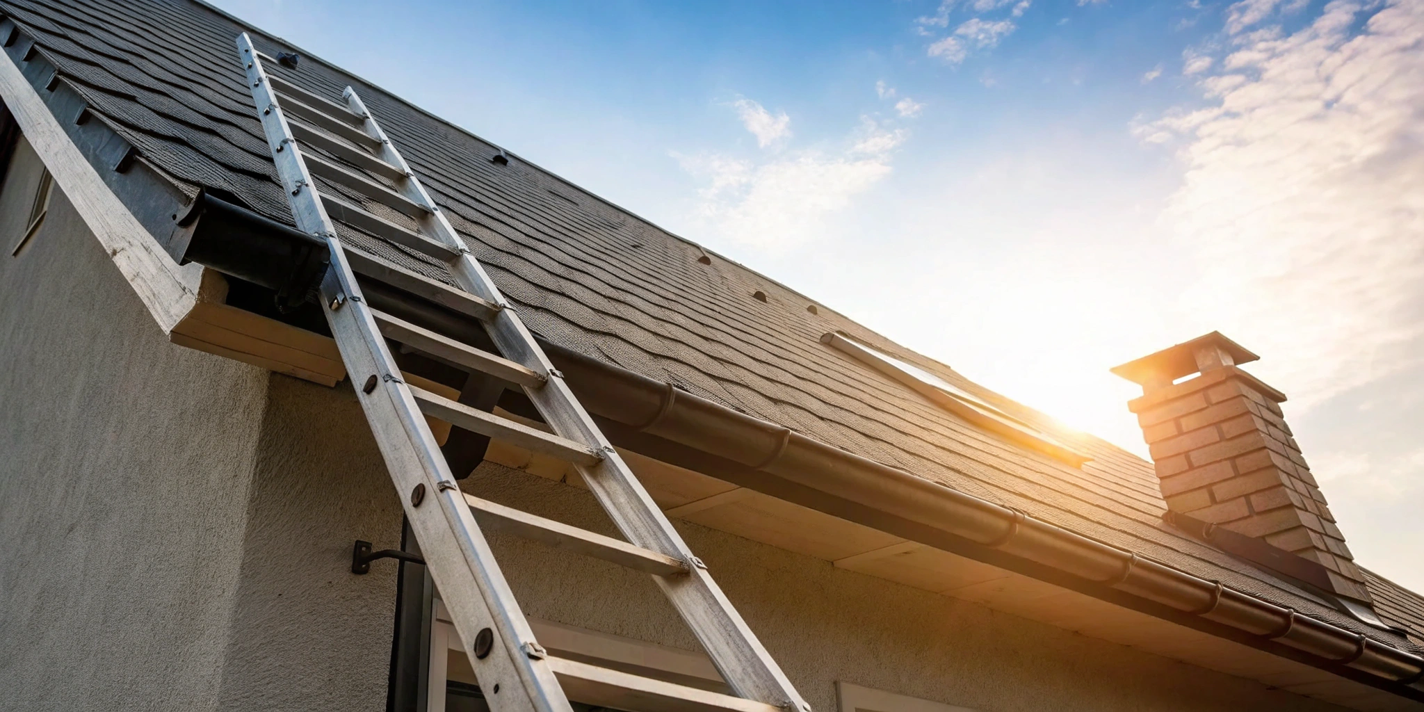 Ladder leaning against a shingle roof for a damage inspection and insurance claim.