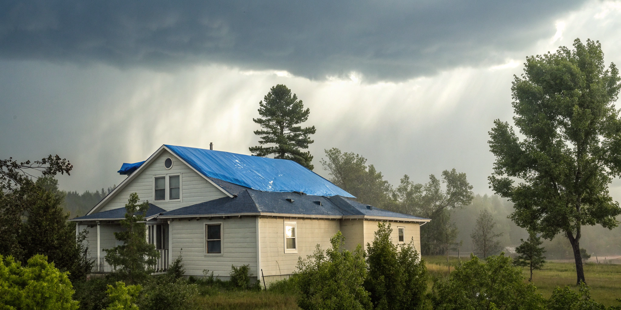 A blue tarp installed on a roof by the best company for roof tarping after a storm.