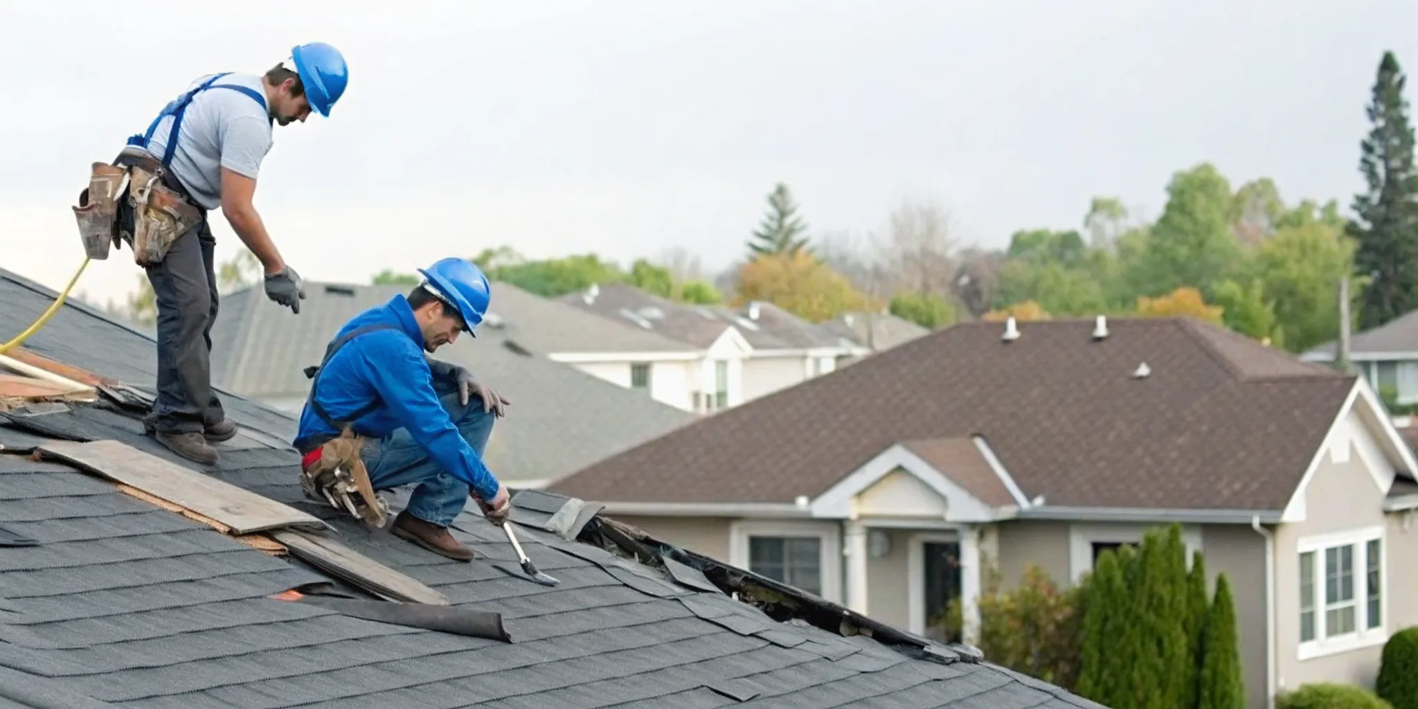 Roofers from the best emergency roof repair company securing a damaged roof on a home.