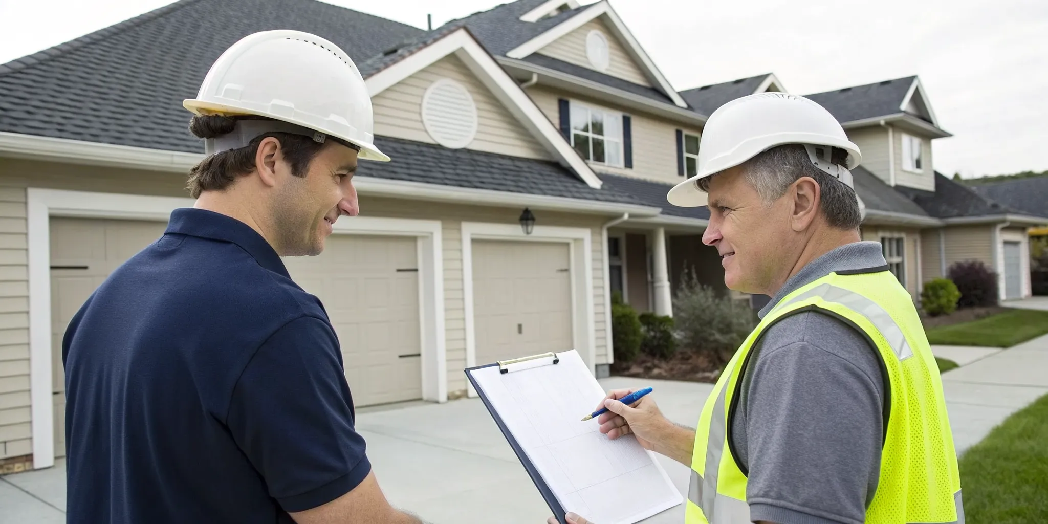 Roofing company professionals discussing the best way to handle a roof insurance claim.