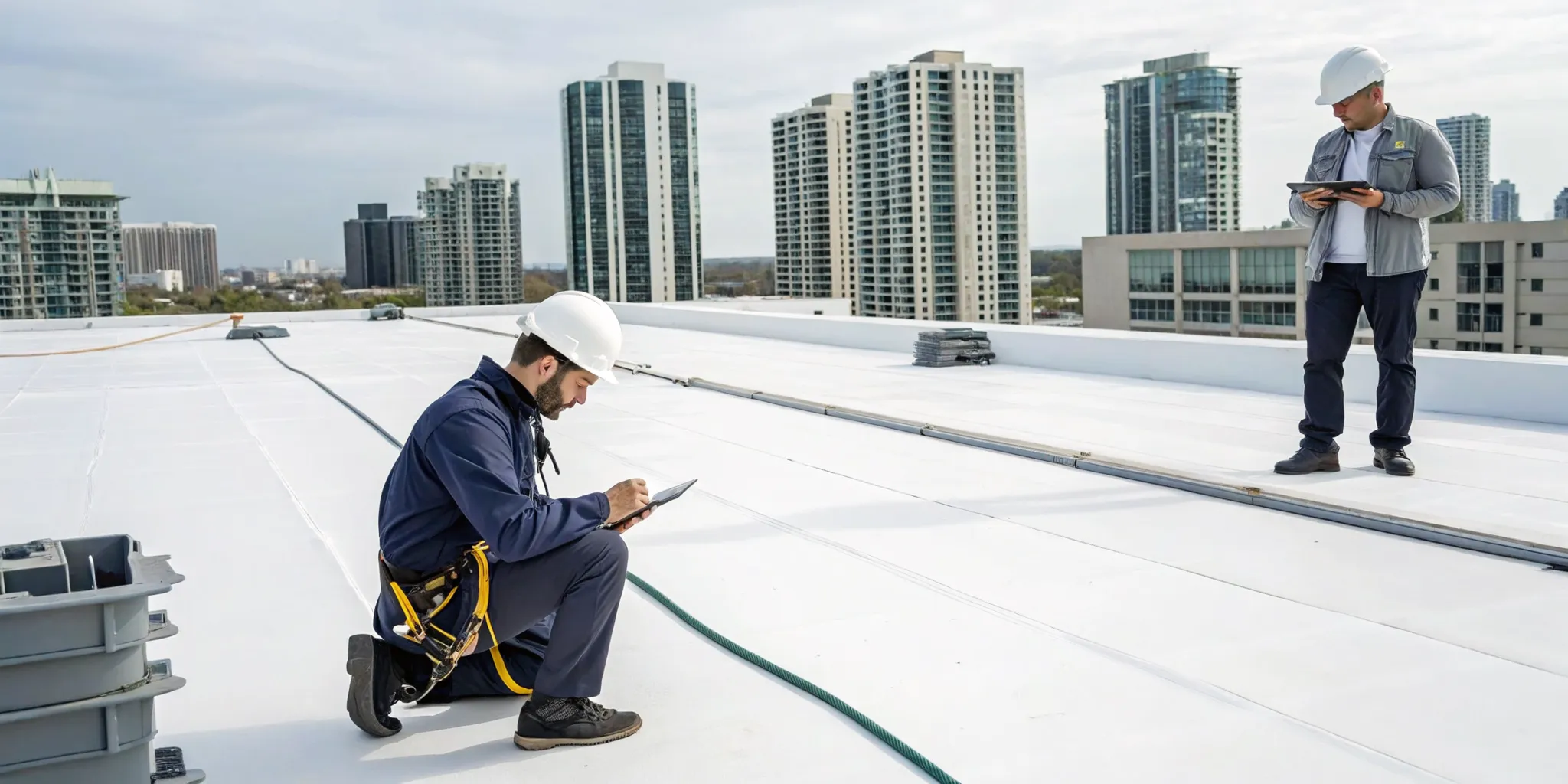 A condo roofing contractor on a roof performing an inspection before a repair.