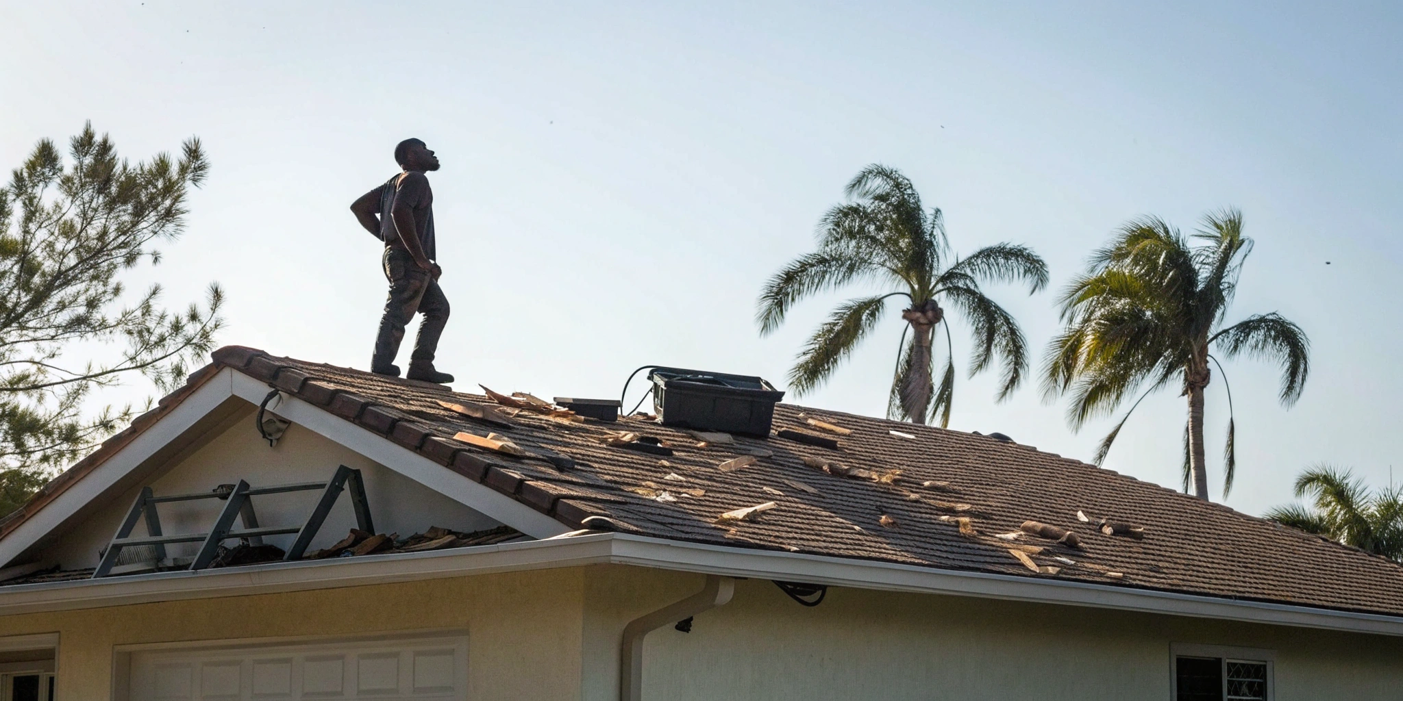 Man on a roof assessing damage to fix after a hurricane.
