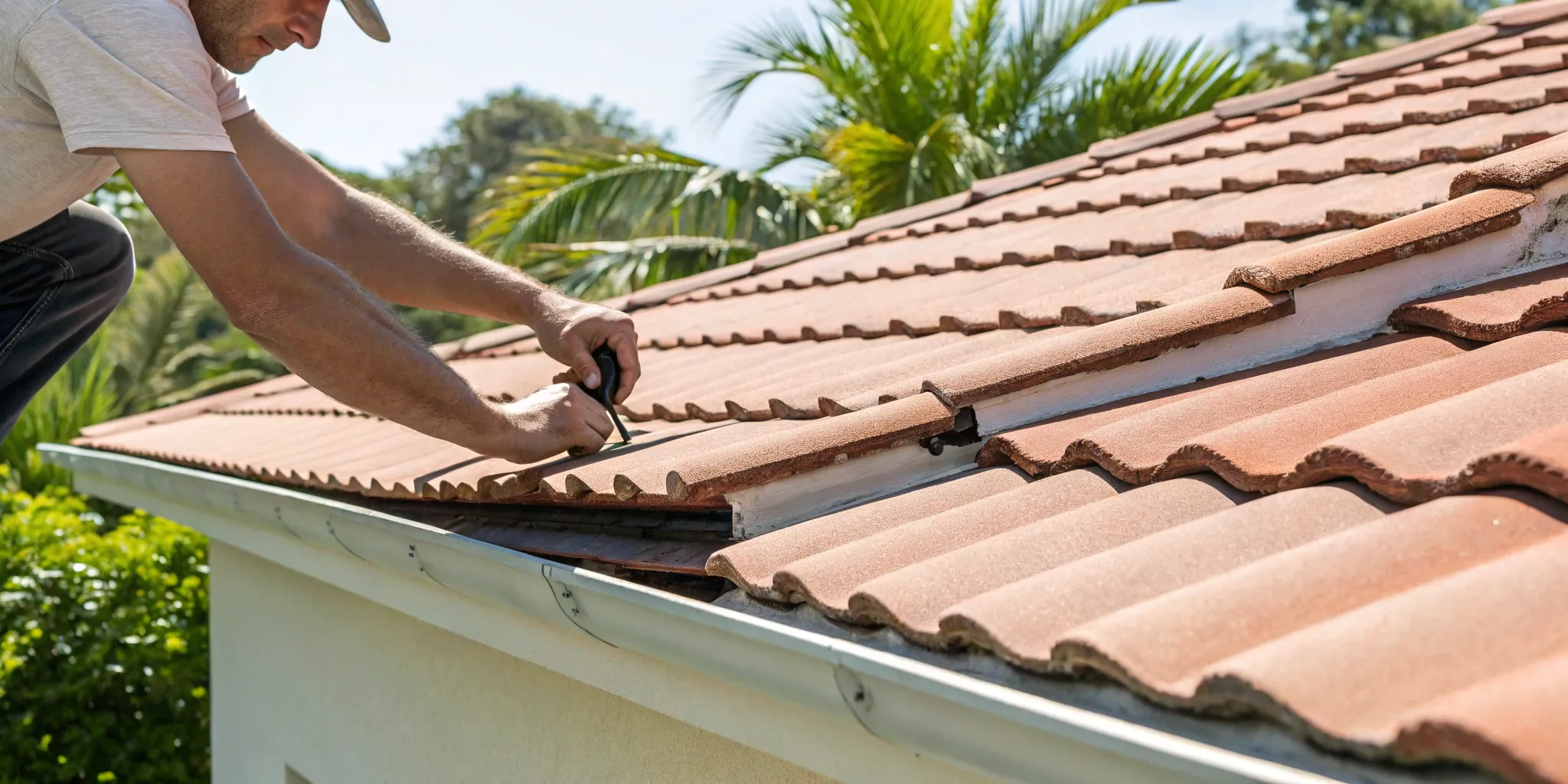 Fixing a roof tile at the edge with hand tools.