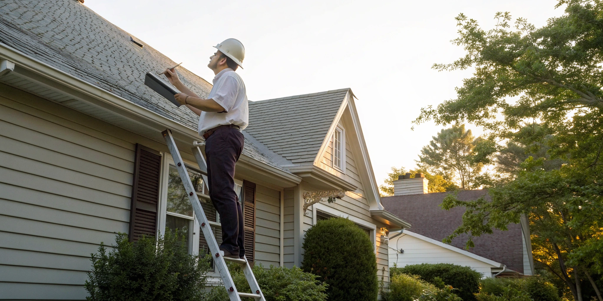 Roofer on a ladder inspecting a home to get a roof replacement estimate.