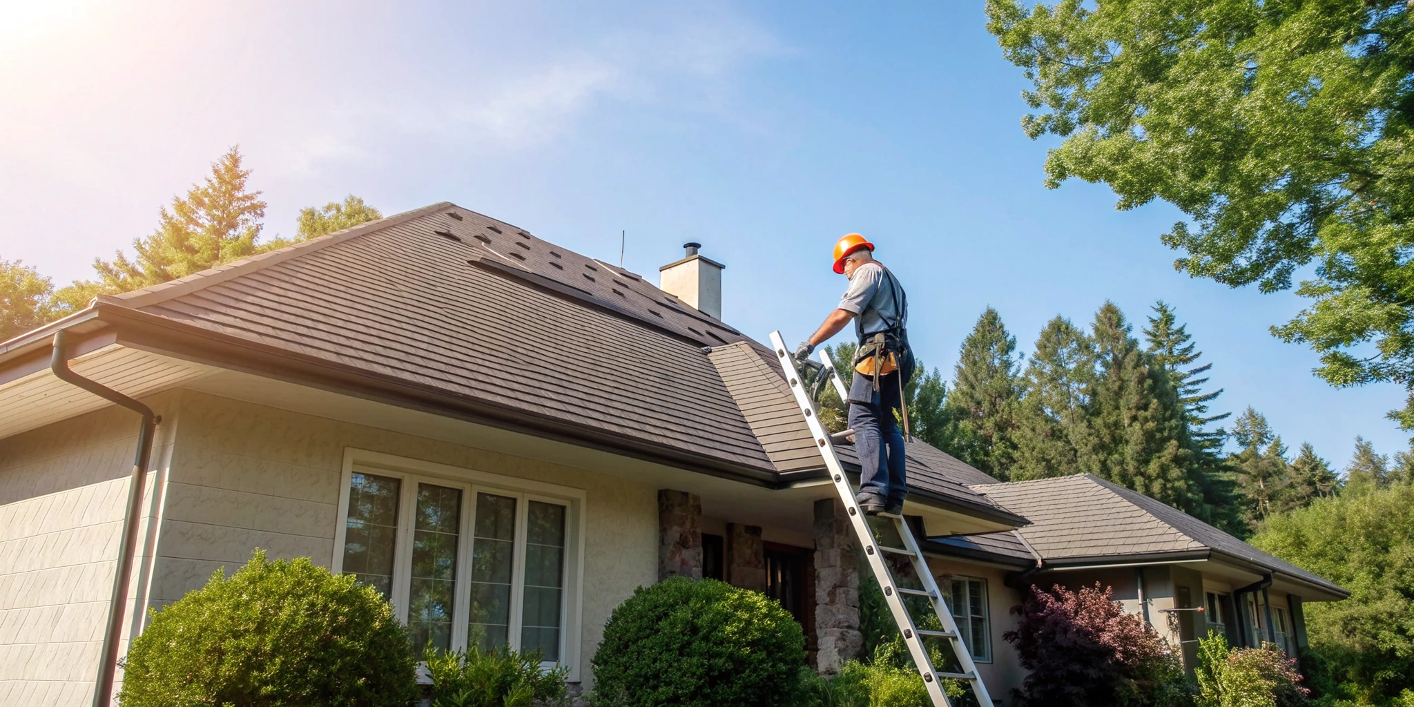 A roofing contractor in Altamonte Springs inspects a home's roof for potential repairs.