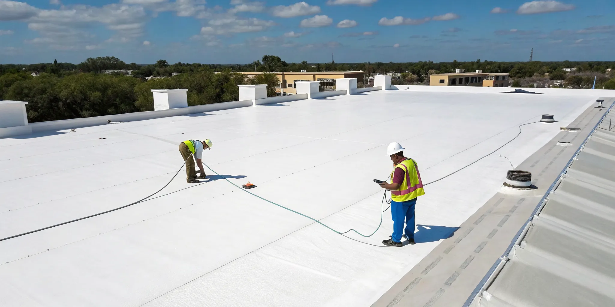 A TPO roofing contractor installs a white roof on a commercial building in Central Florida.