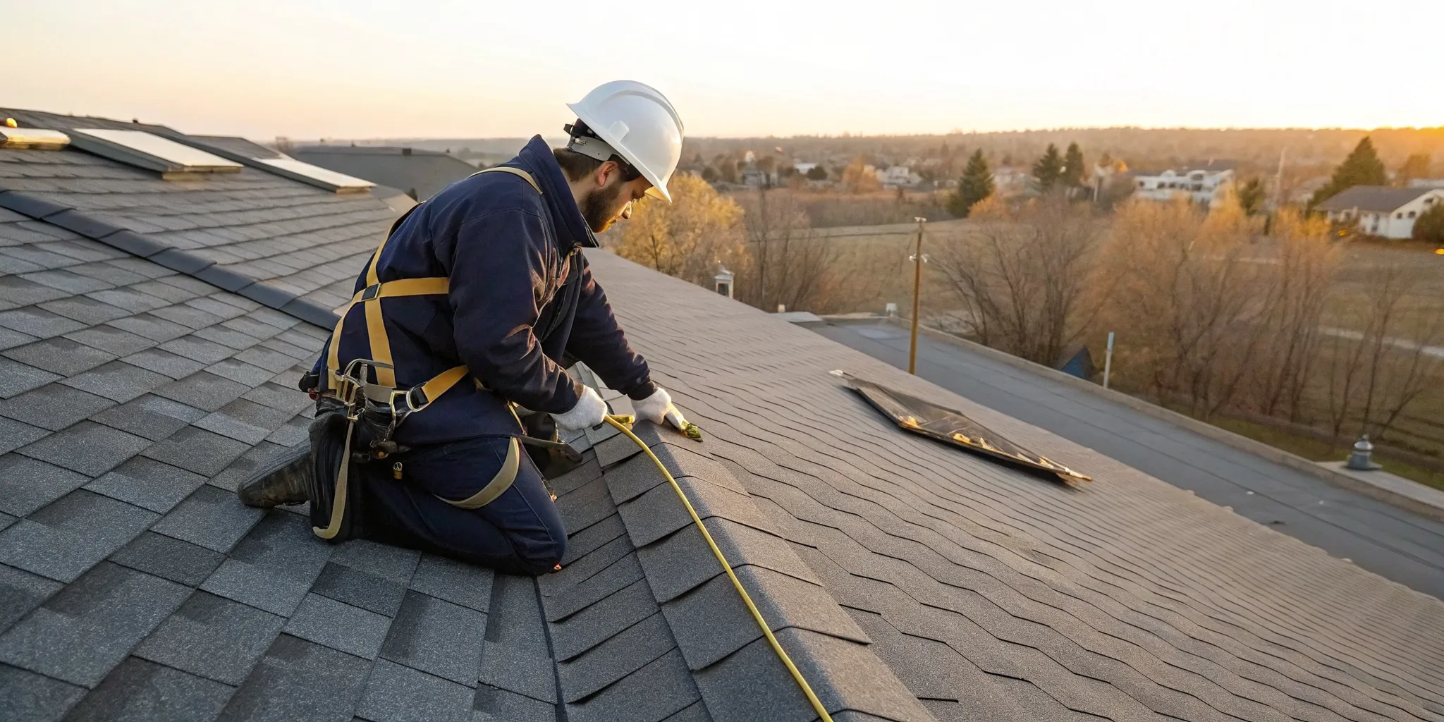 Professional roofer repairing wind damage on an asphalt shingle roof.