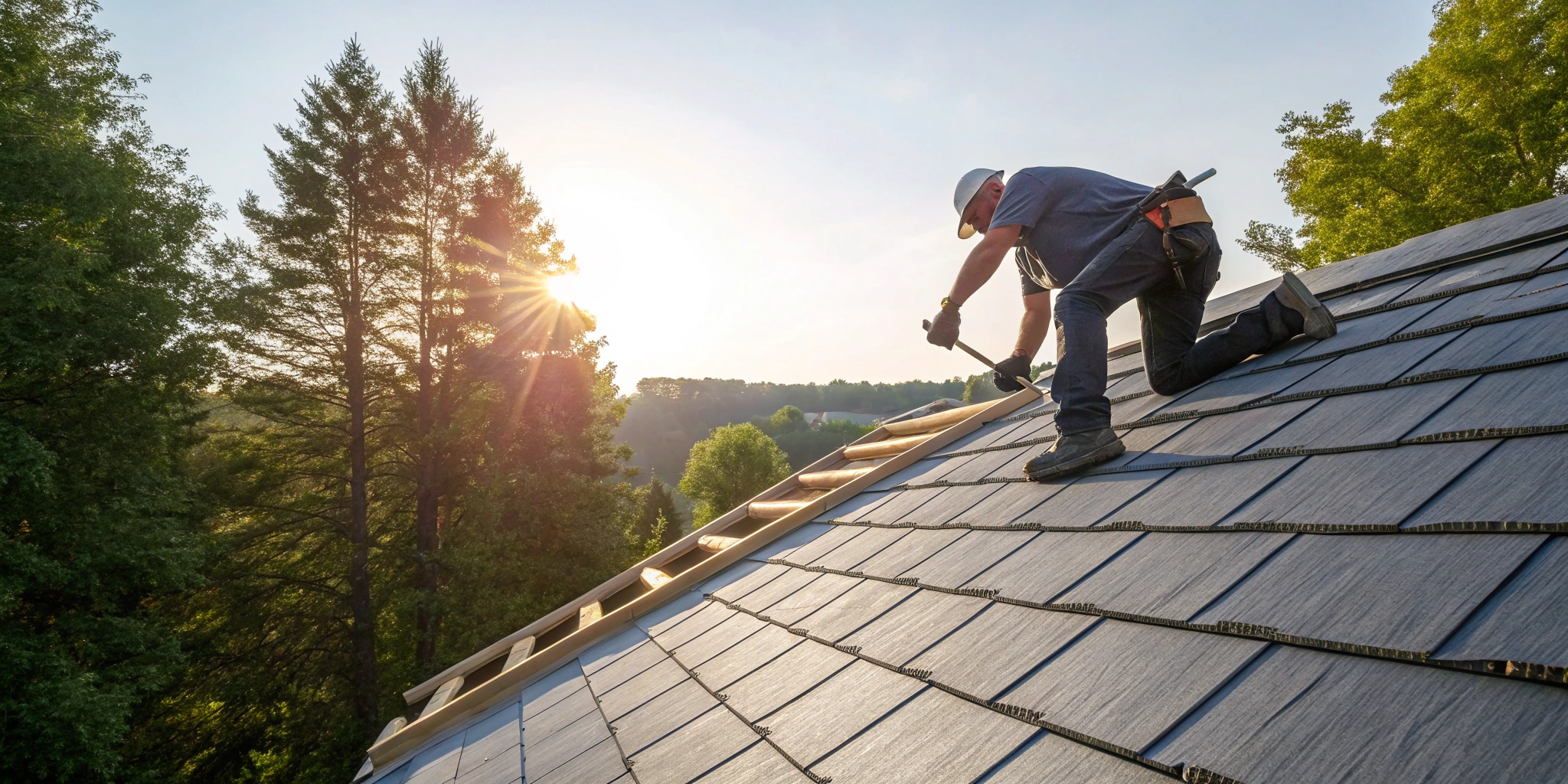 A roofing contractor working on the roof of a large apartment building.