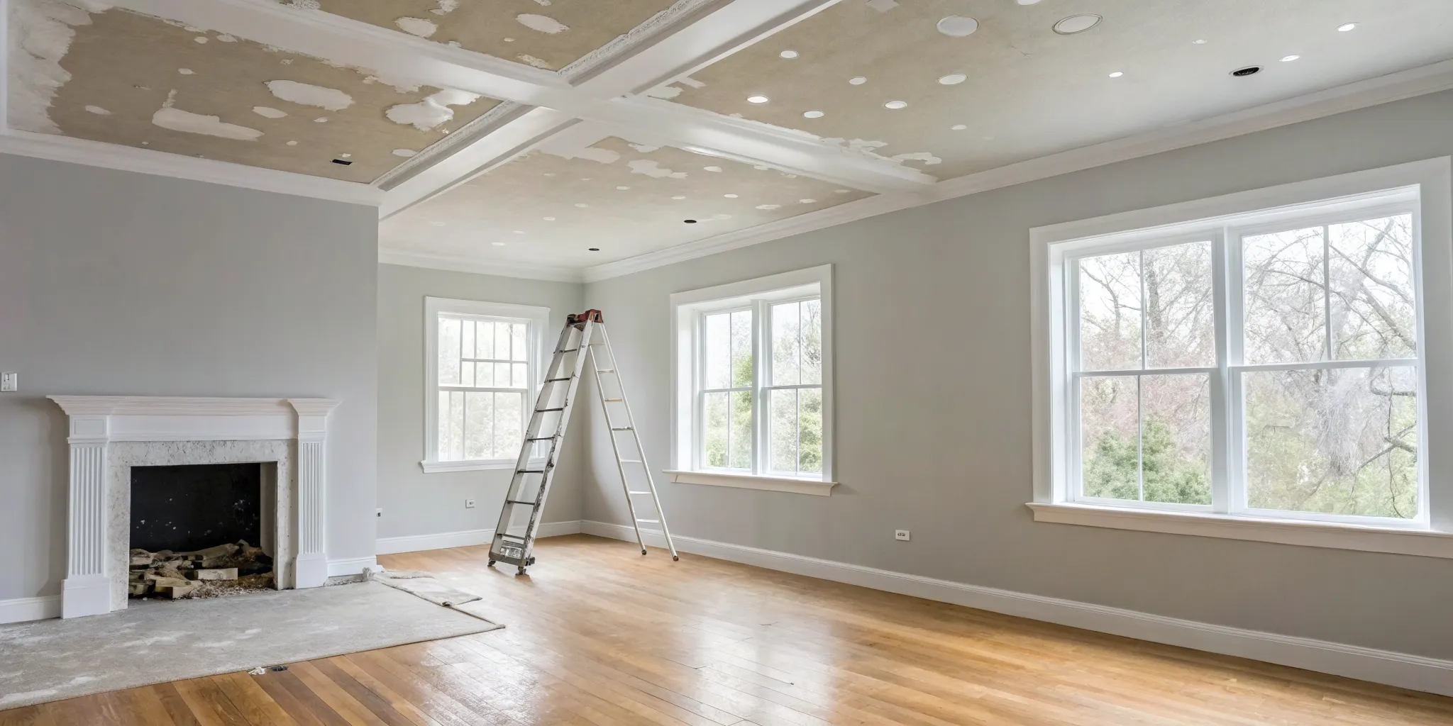 Repairing water damage on a ceiling from a roof leak, with the damaged drywall section cut out.