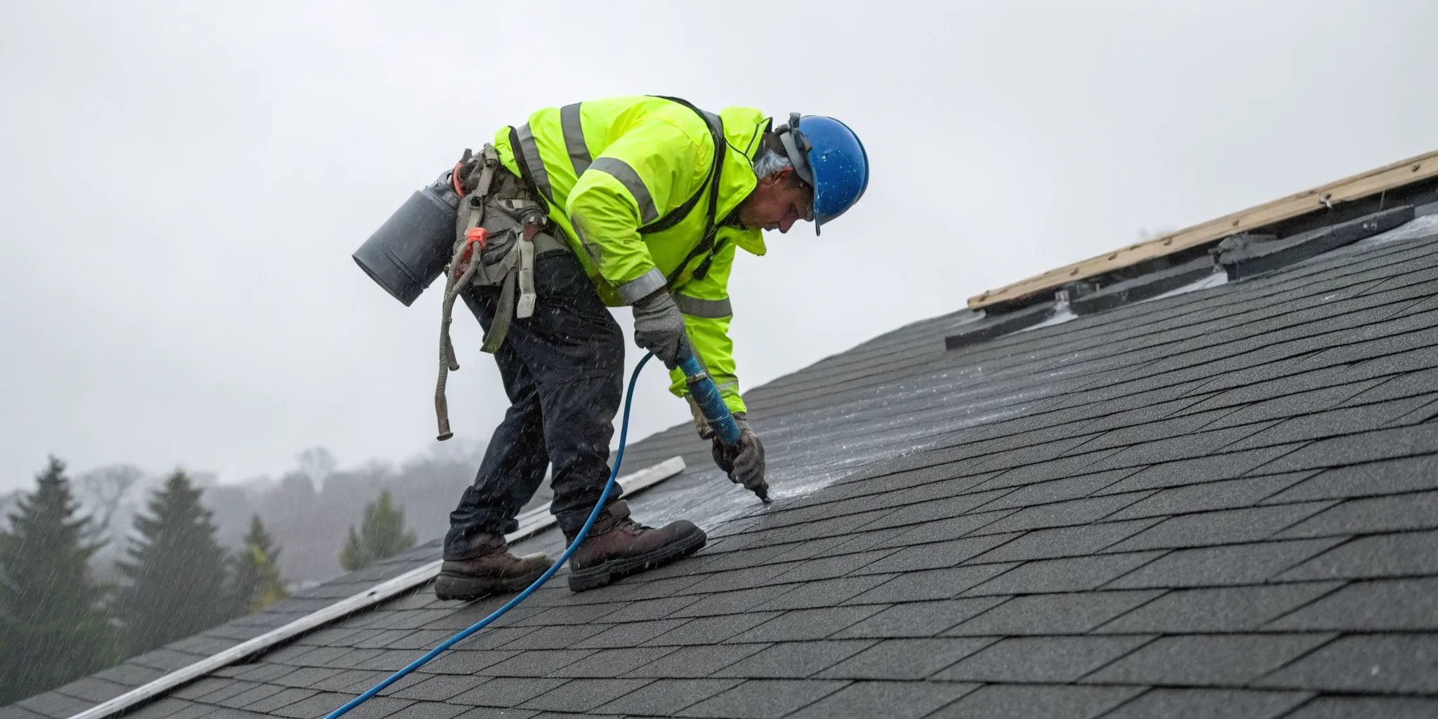 Roofer applying sealant to shingles to stop a roof leak during heavy rain.
