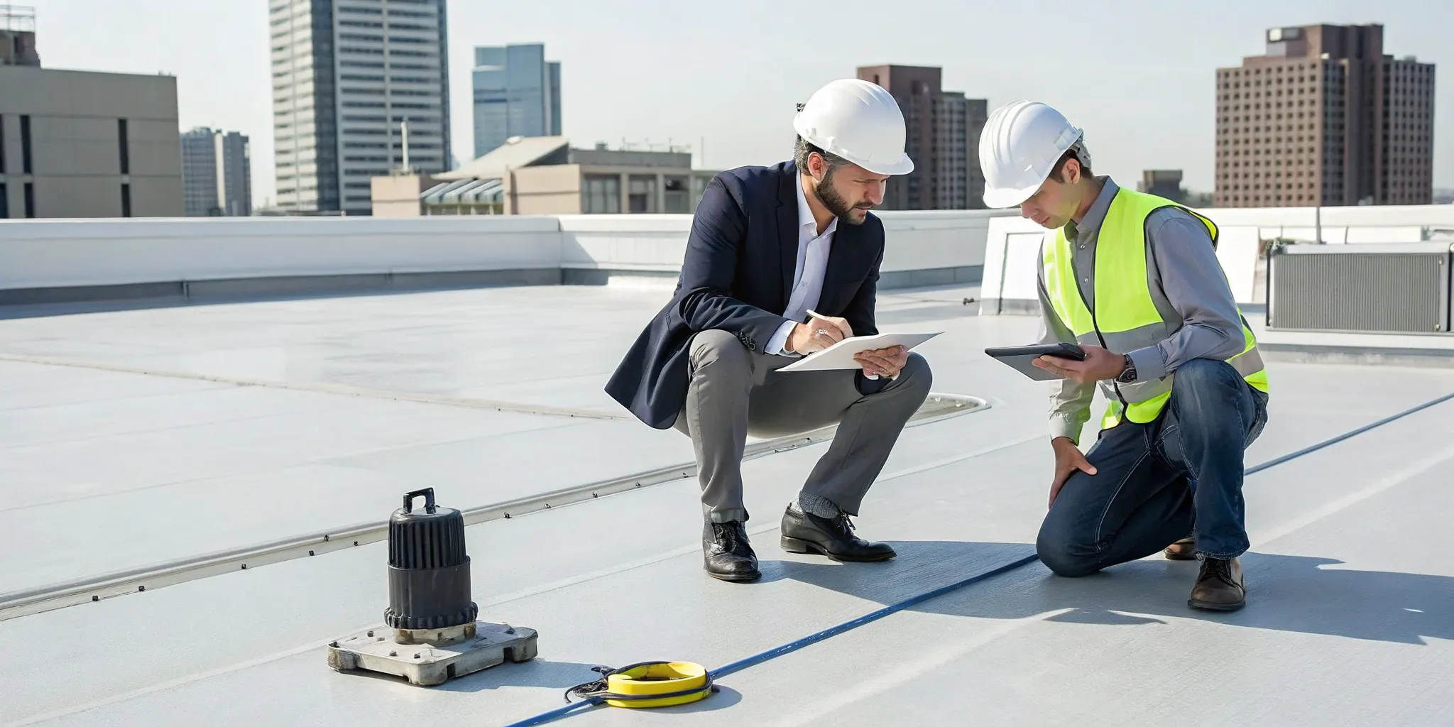 A commercial roofer in St. Cloud performs a professional inspection on a flat roof.