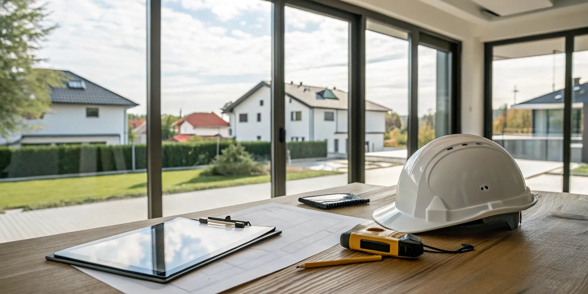 A roof repair company's desk with a helmet and tablet for planning a water damage project.