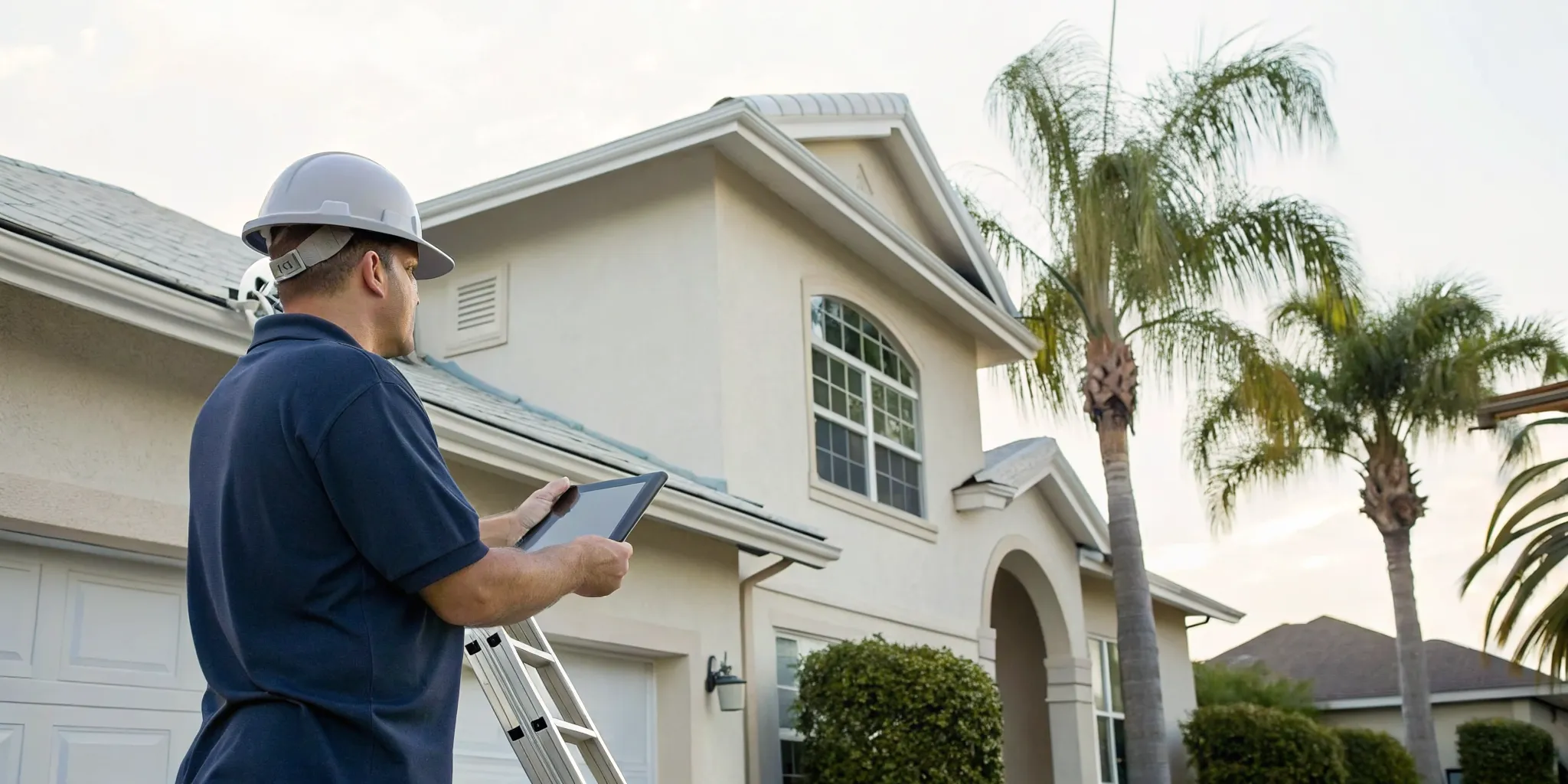 Insurance claim roofer in Tampa inspects roof damage.