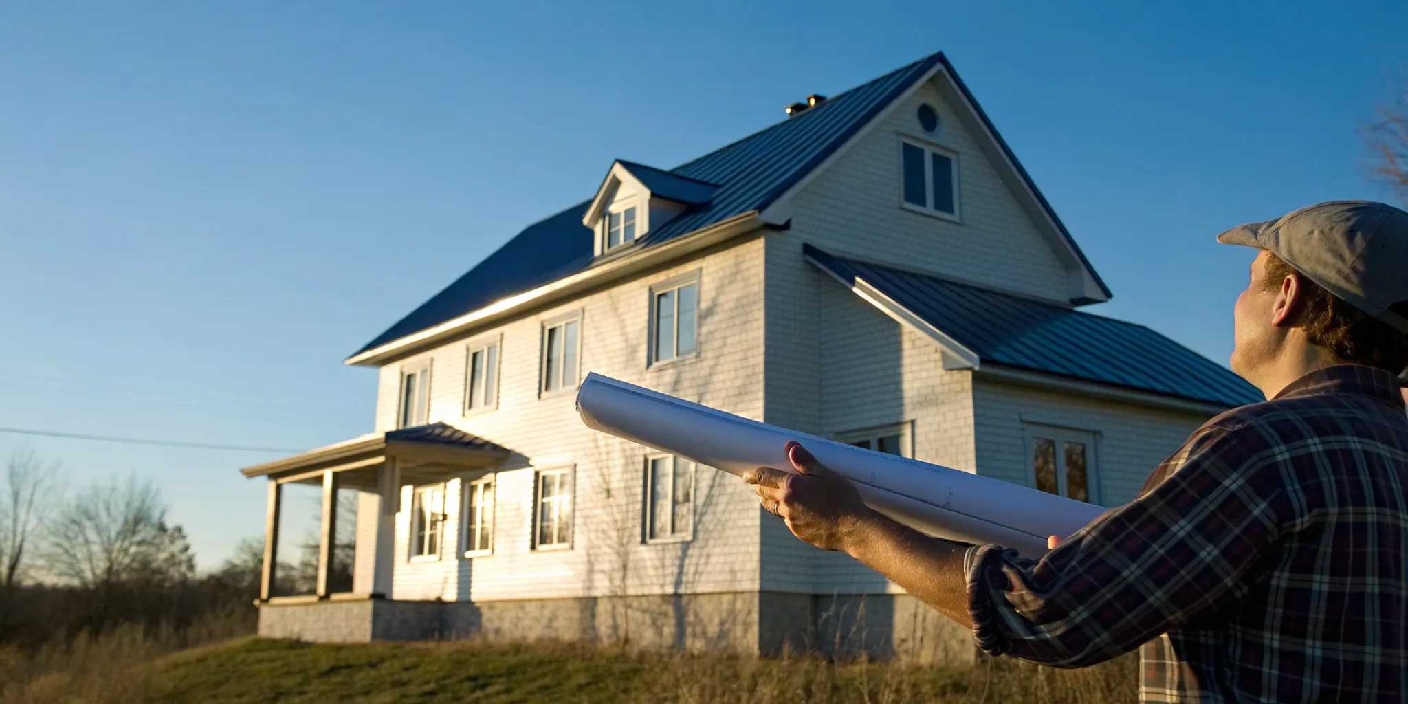 Man inspecting roof damage after an insurance claim was denied.